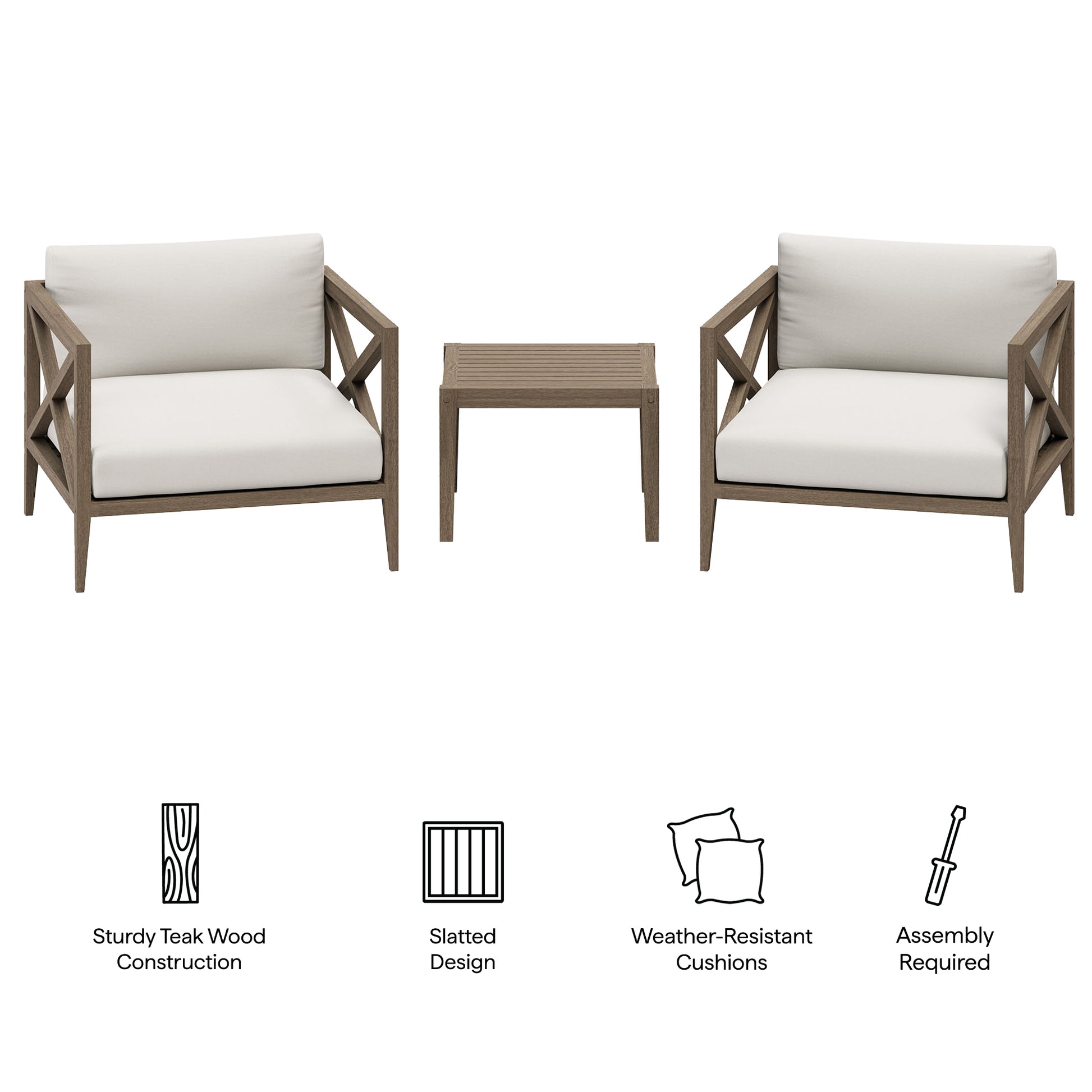 Northlake 3-Piece Outdoor Teak Wood Furniture Set with Armchair and Side Table