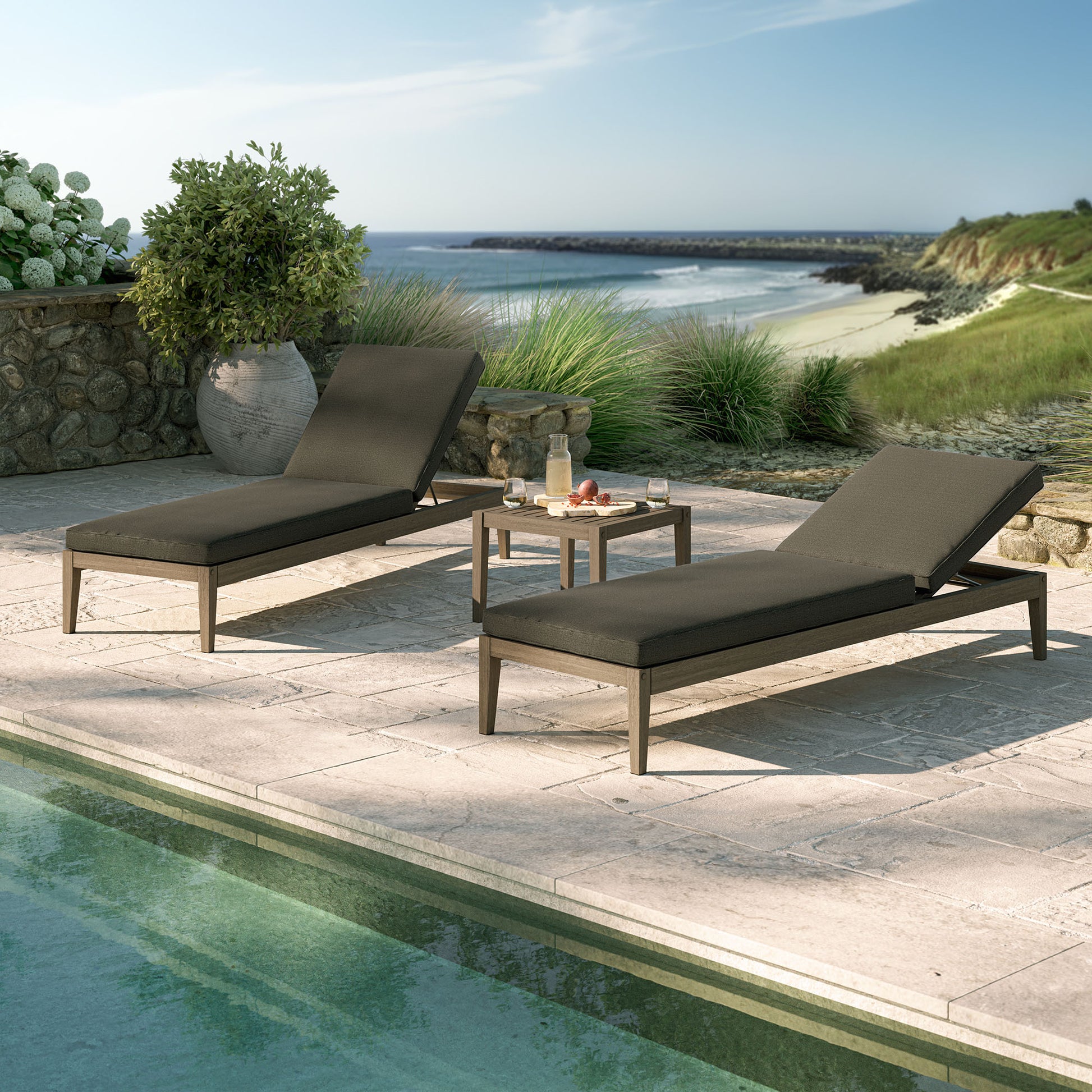 Northlake 3-Piece Outdoor Teak Wood Furniture Set with Chaise Lounges and Side Table
