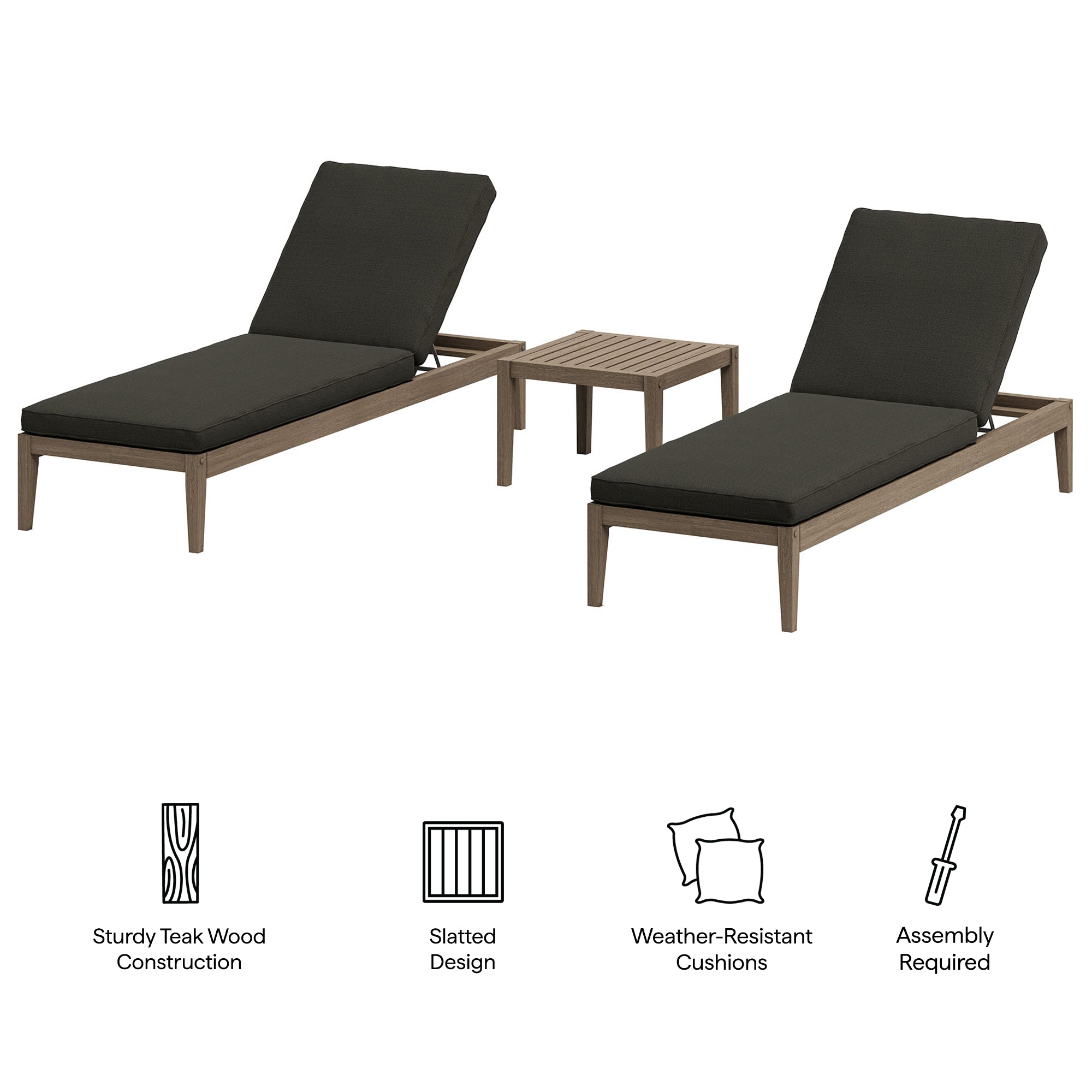 Northlake 3-Piece Outdoor Teak Wood Furniture Set with Chaise Lounges and Side Table - Weathered Gray Pebble