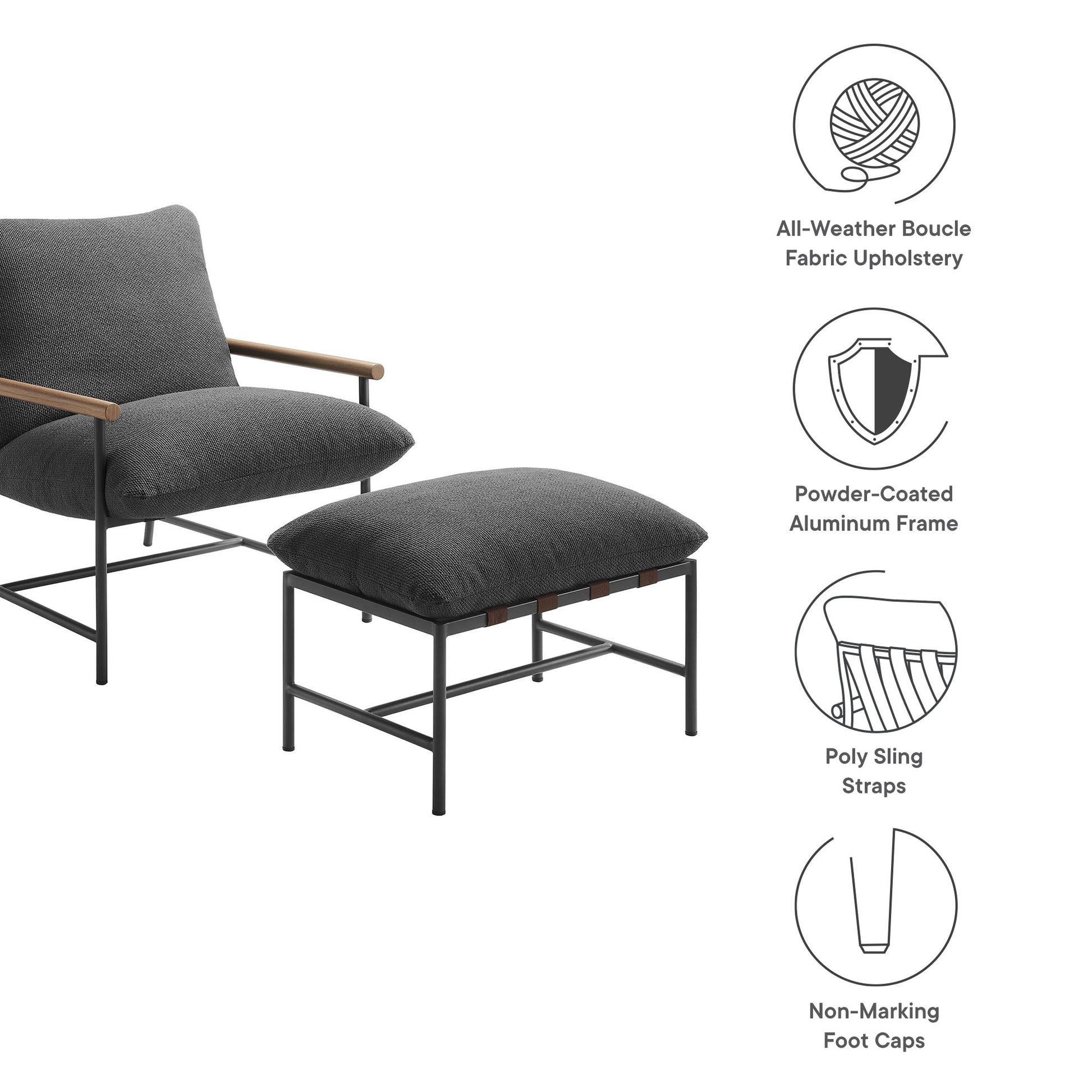 Raya Outdoor Patio Boucle Lounge Chair and Ottoman - Ivory