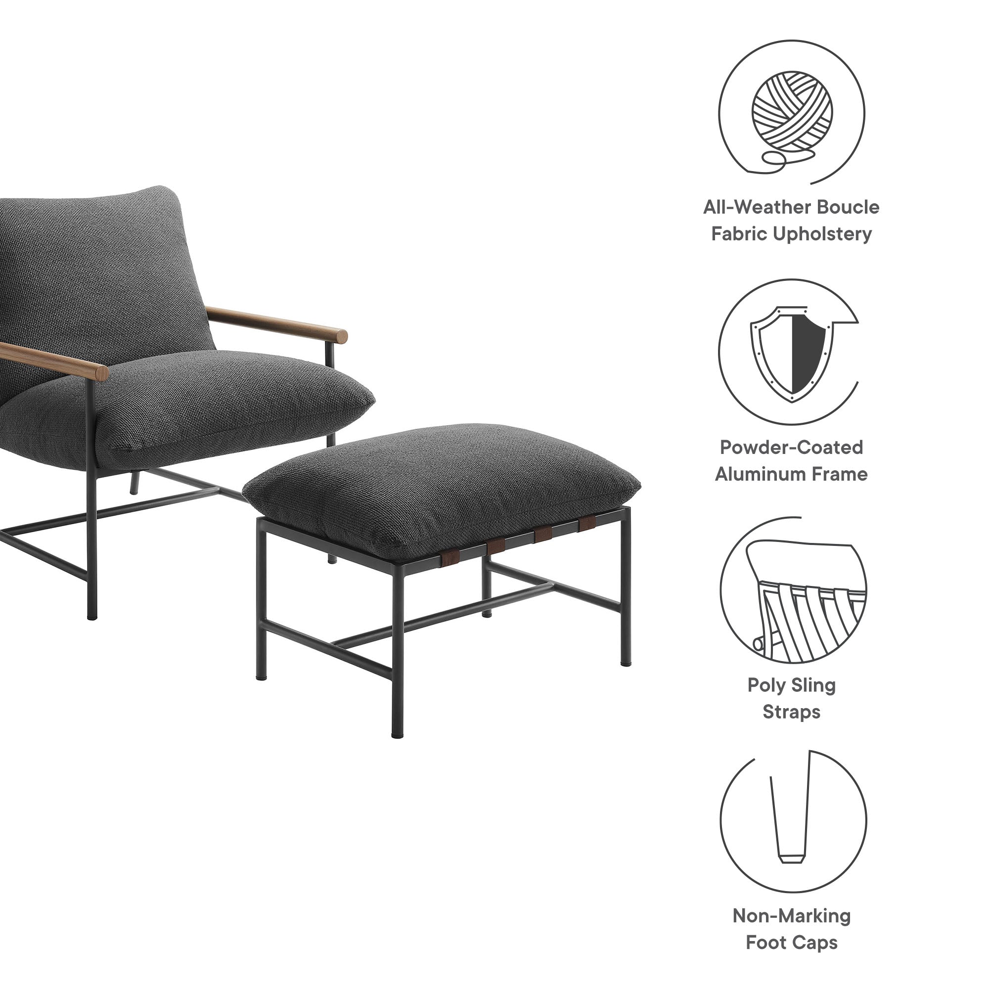 Raya Outdoor Patio Boucle Lounge Chair and Ottoman - Ivory
