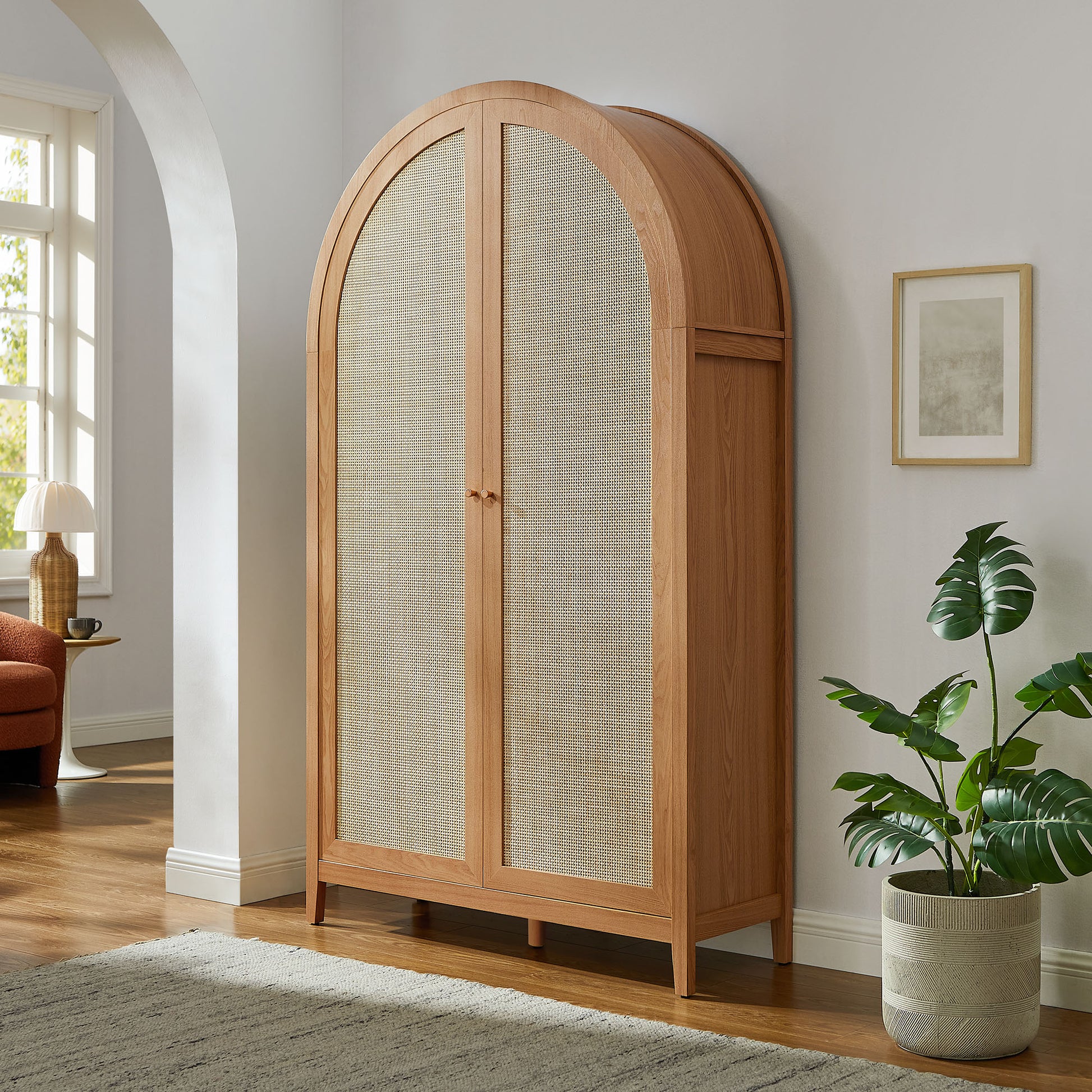 Calista 79" Tall Wide Rattan Arched Storage Cabinet