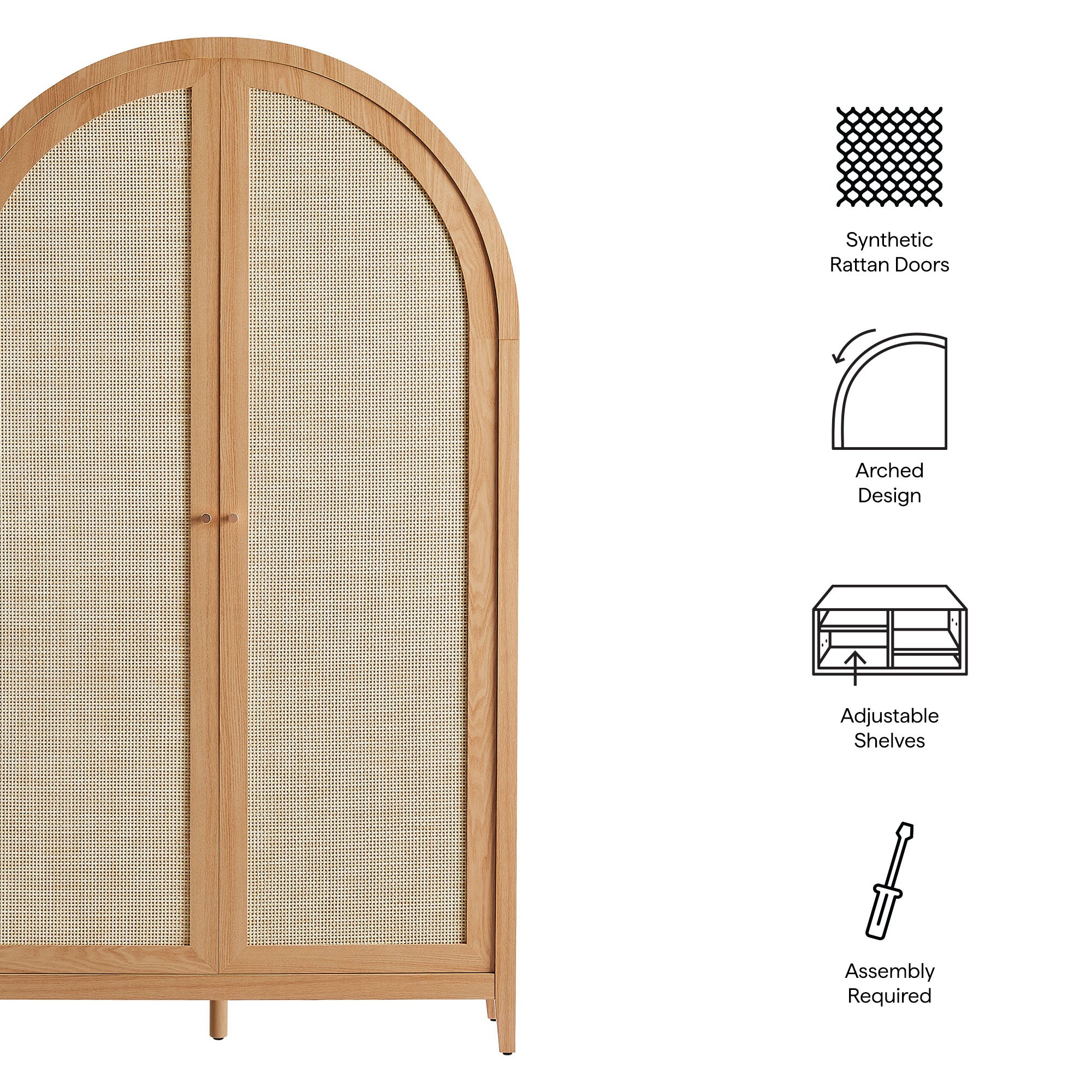Calista 79" Tall Wide Rattan Arched Storage Cabinet - Walnut