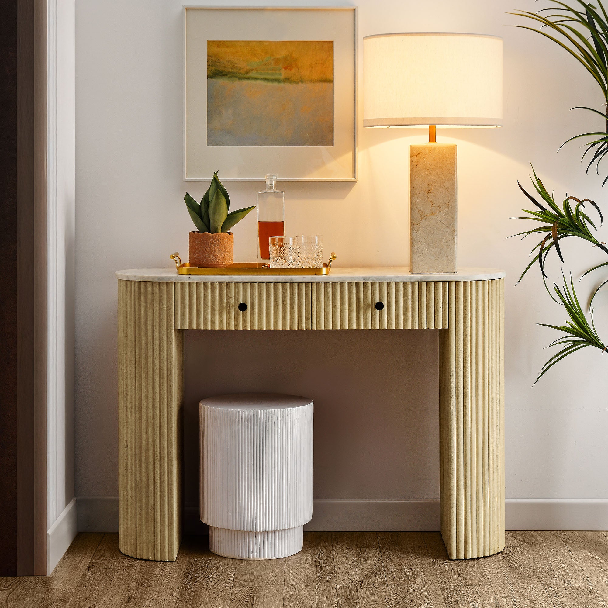 Caldera 42" Curved Solid Wood and Marble Console Table