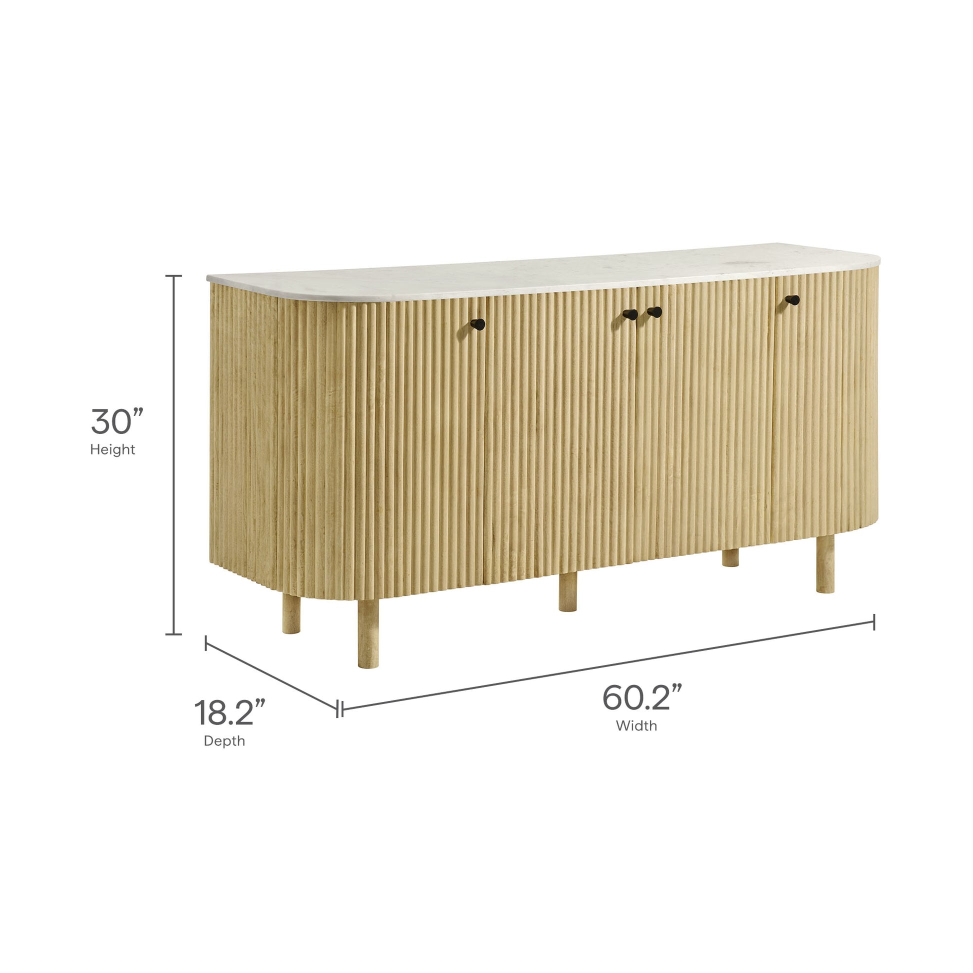 Caldera 60" Curved Solid Wood and Marble Sideboard Storage Cabinet