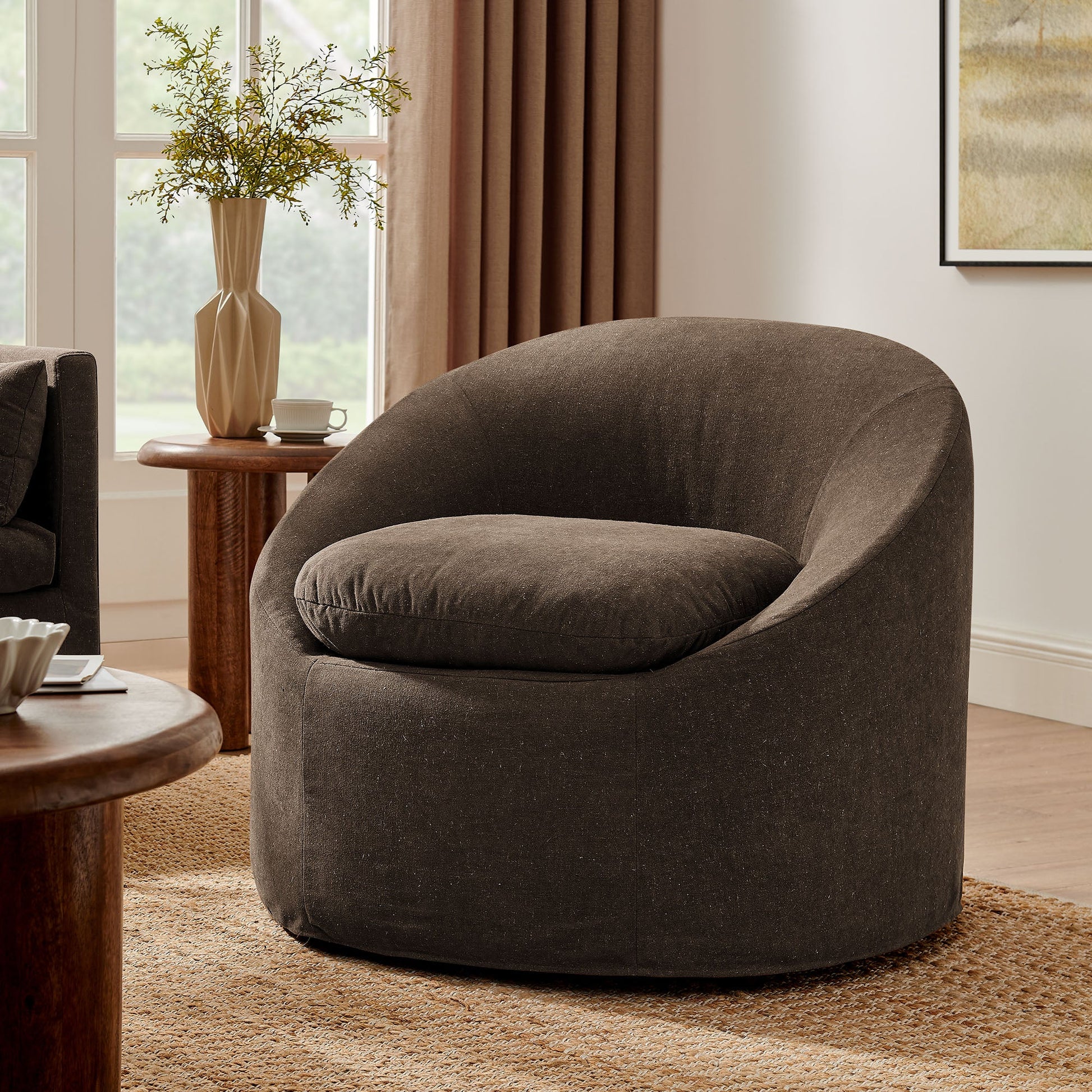 Sadie Slipcovered Linen-Blend Round Accent Chair - Cocoa