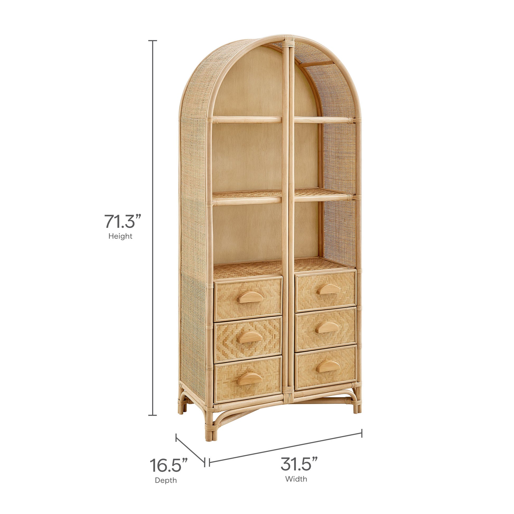 Jane 71 Inch Tall Arched Natural Rattan Bookshelf - Natural Black