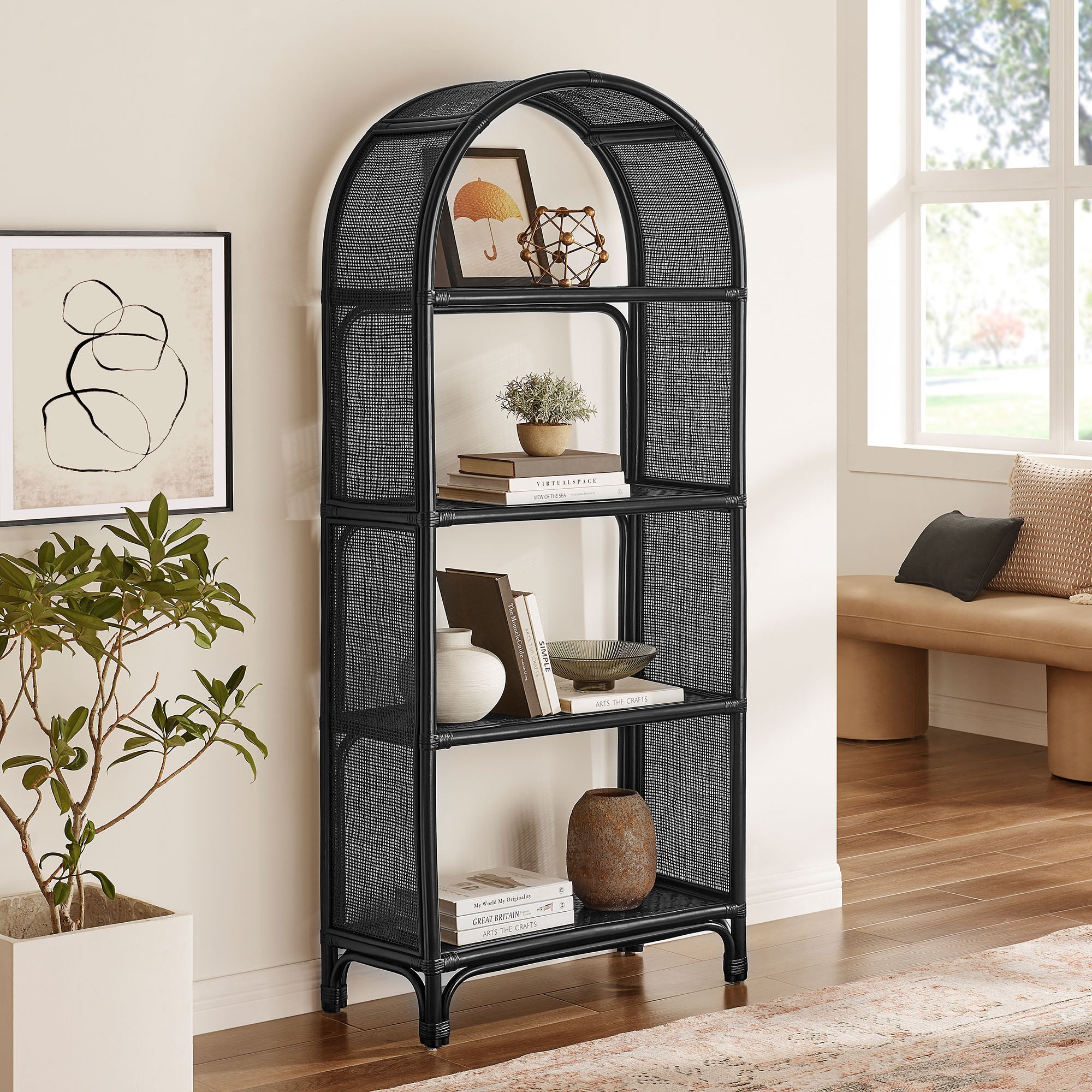 Celeste 67 Inch Tall Arched Natural Rattan Bookshelf