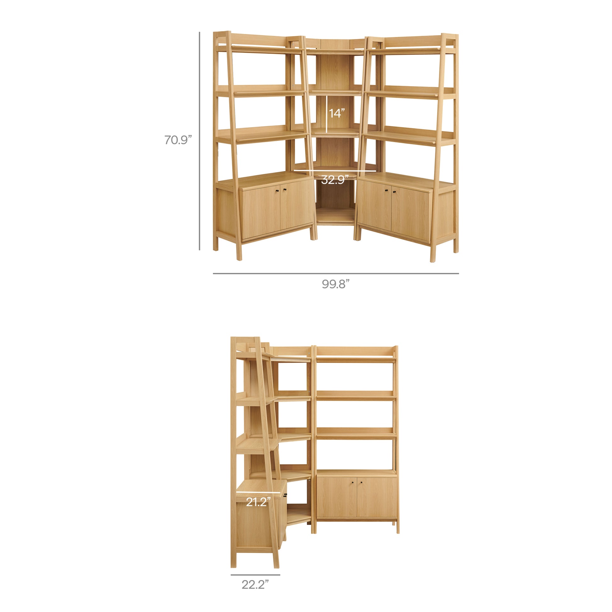 Bixby 3-Piece Corner Bookshelf Set with Wide Bookshelves - Walnut