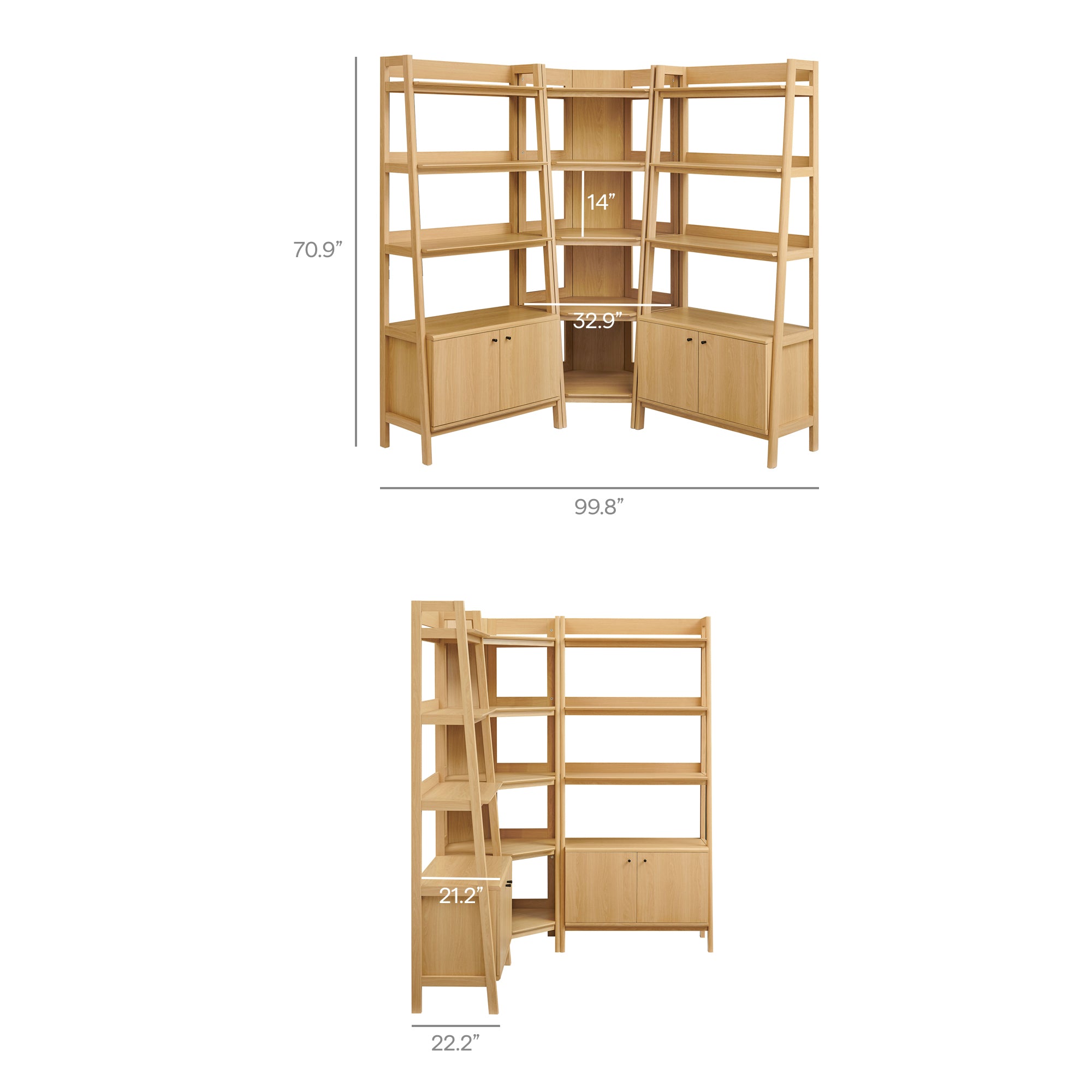 Bixby 3-Piece Corner Bookshelf Set with Wide Bookshelves - Walnut