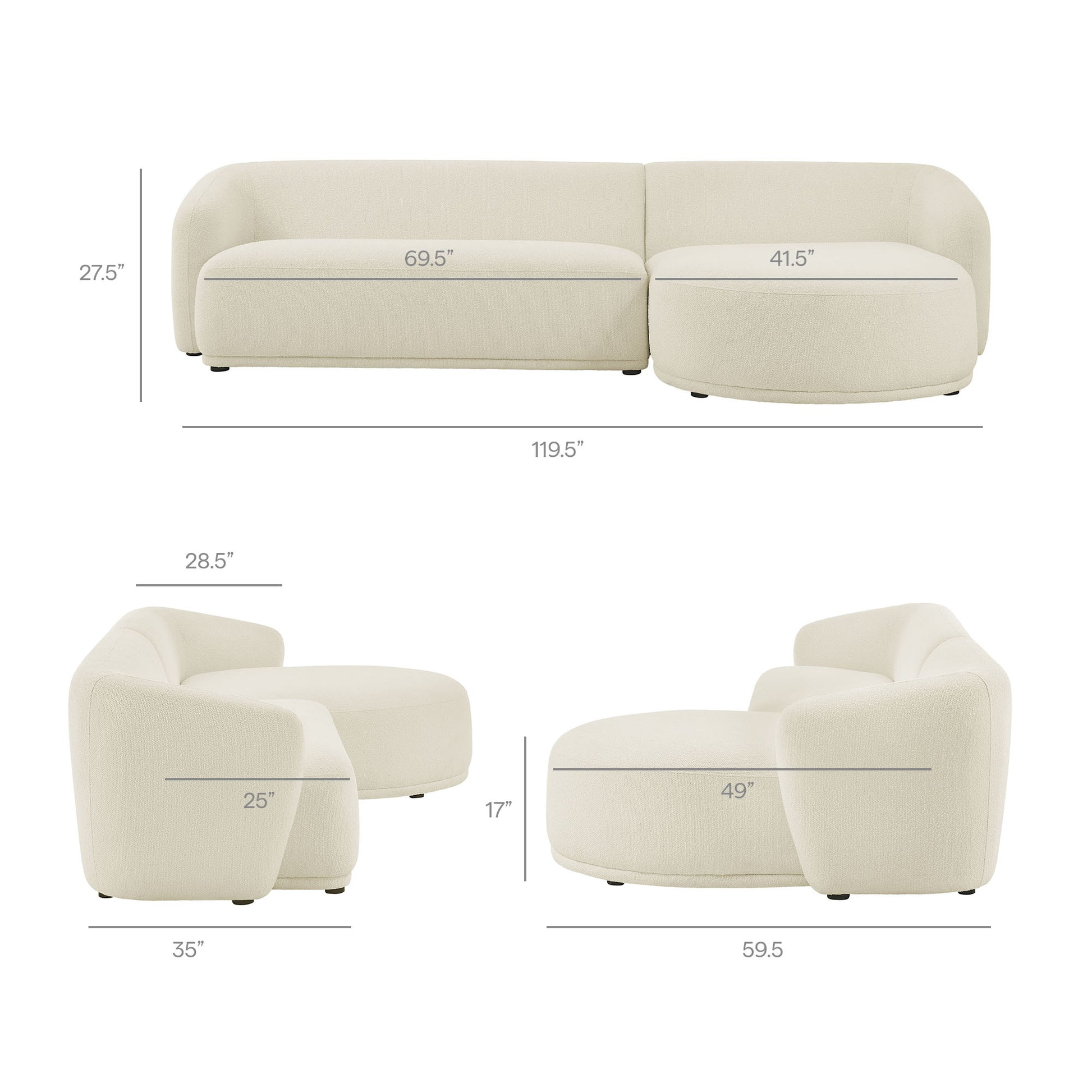 Monica 2 Piece Right Facing Boucle Fabric Modular Sofa with Chaise