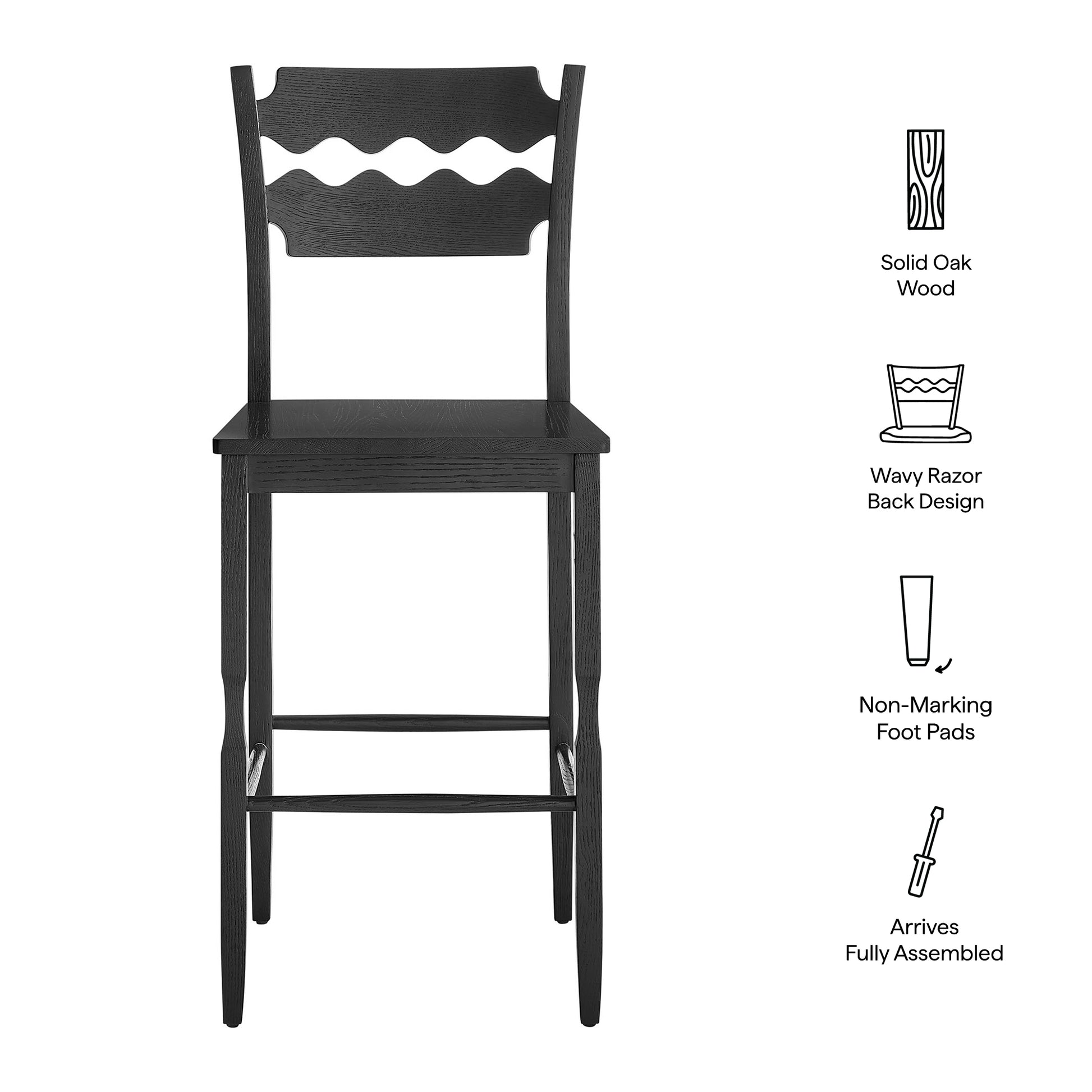 Jax Oak Wood Bar Stool With Wavy Razor Back - Weathered Oak