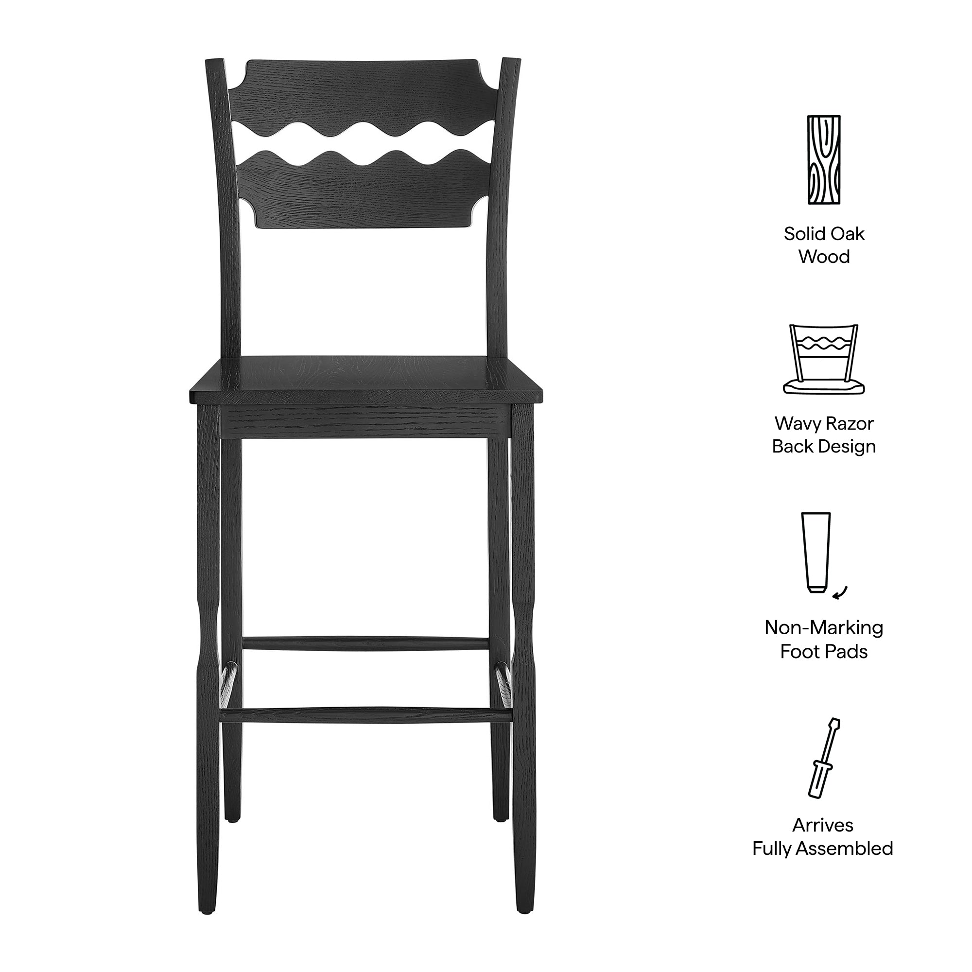 Jax Oak Wood Bar Stool With Wavy Razor Back - Weathered Oak