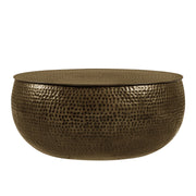 Tobin 35 Inch Hammered Metal Round Drum Coffee Table - Antique Brass