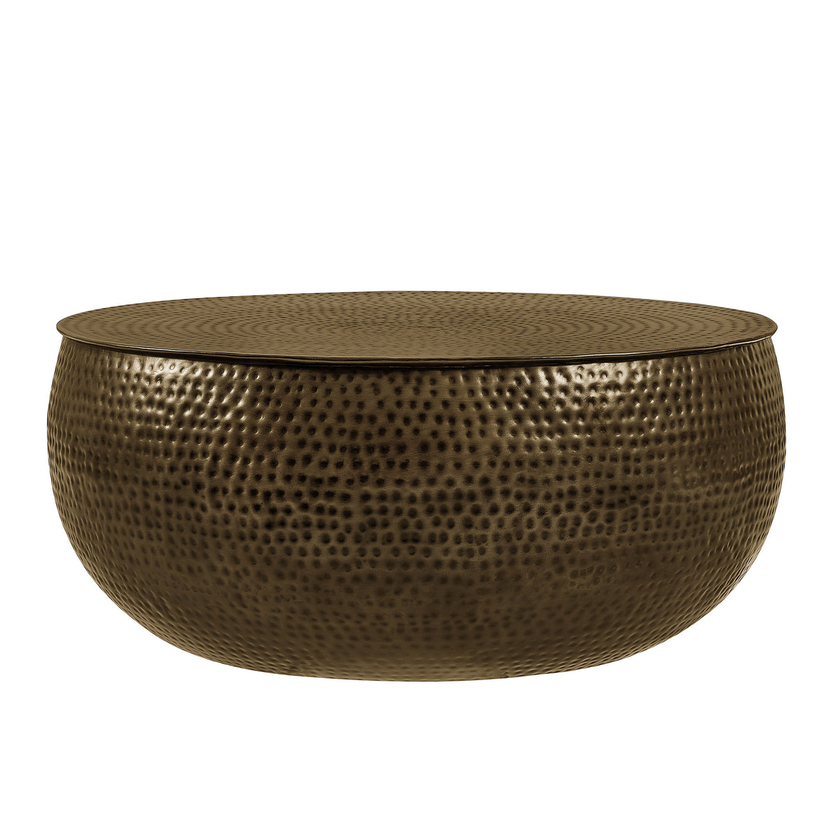 Tobin 35 Inch Hammered Metal Round Drum Coffee Table - Antique Brass