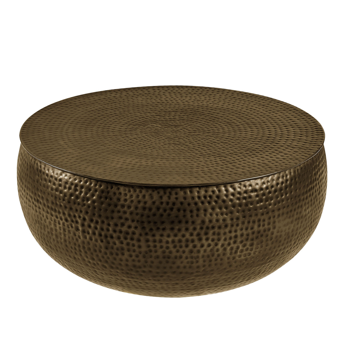 Tobin 35 Inch Hammered Metal Round Drum Coffee Table - Antique Brass
