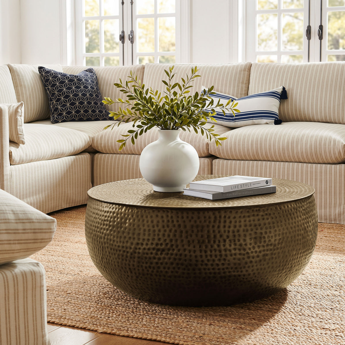 Tobin 35 Inch Hammered Metal Round Drum Coffee Table - Antique Brass