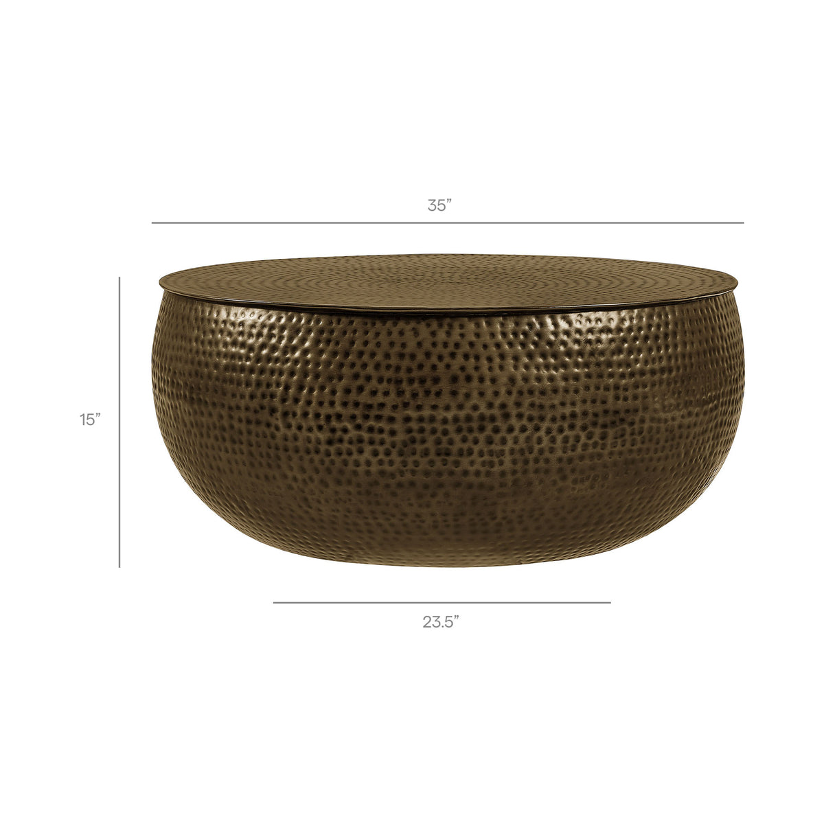 Tobin 35 Inch Hammered Metal Round Drum Coffee Table - Antique Brass