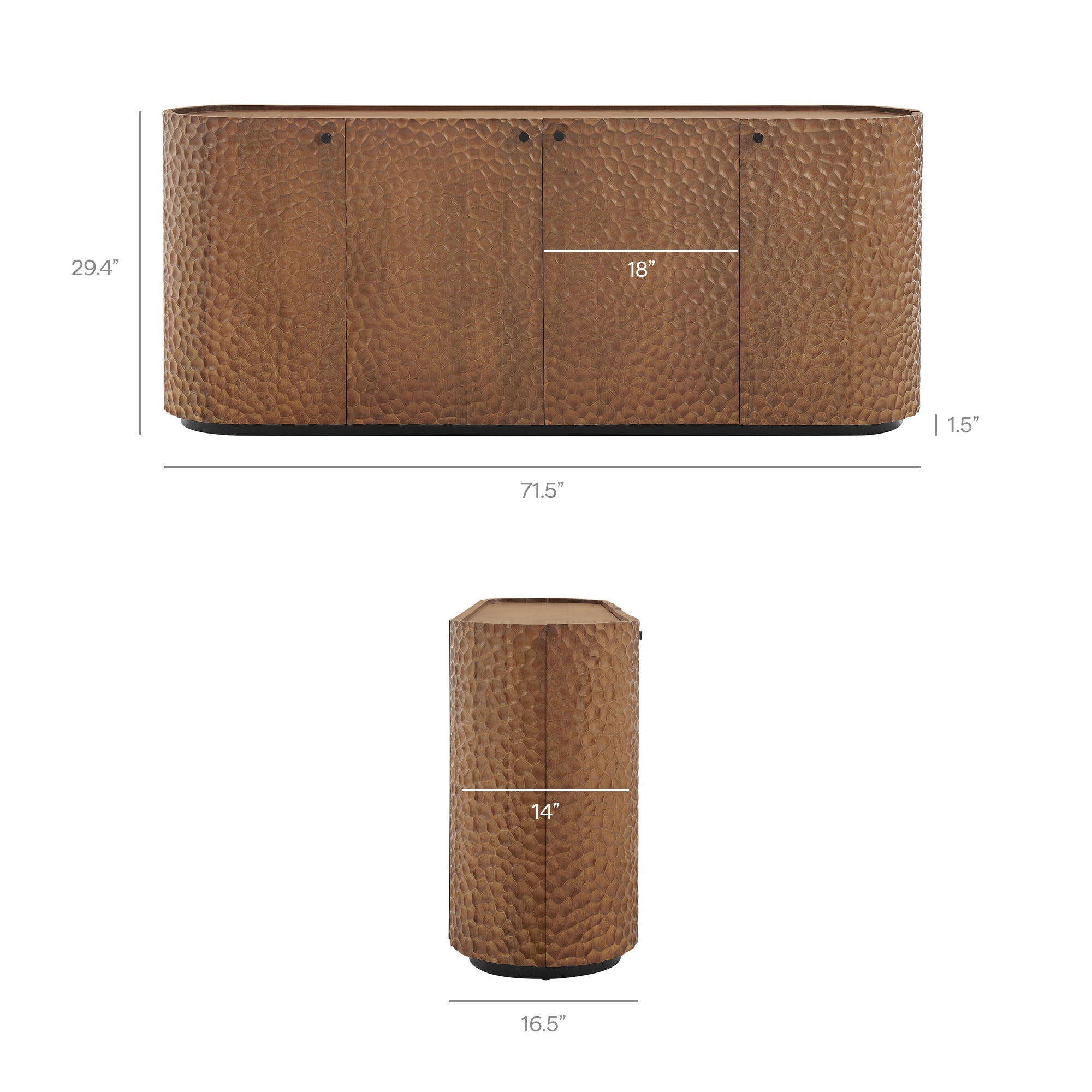 Aven 71.5 Inch Oval Chiseled Wood Sideboard Buffet Cabinet with Hammered Effect