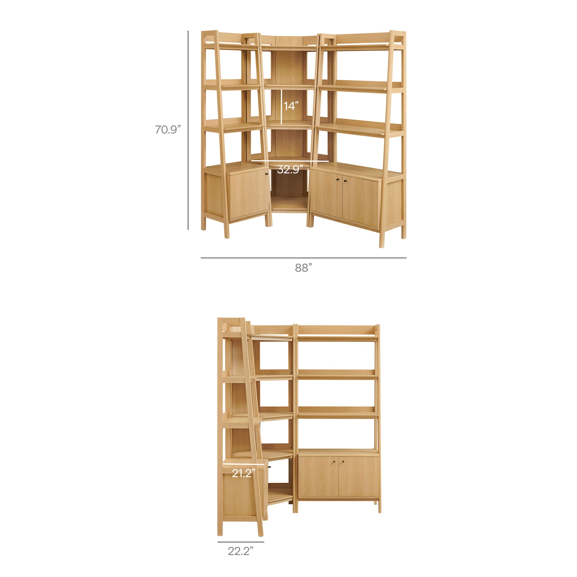 Bixby 3 Piece Corner Bookshelf Set With Wide and Narrow Bookshelves - Walnut