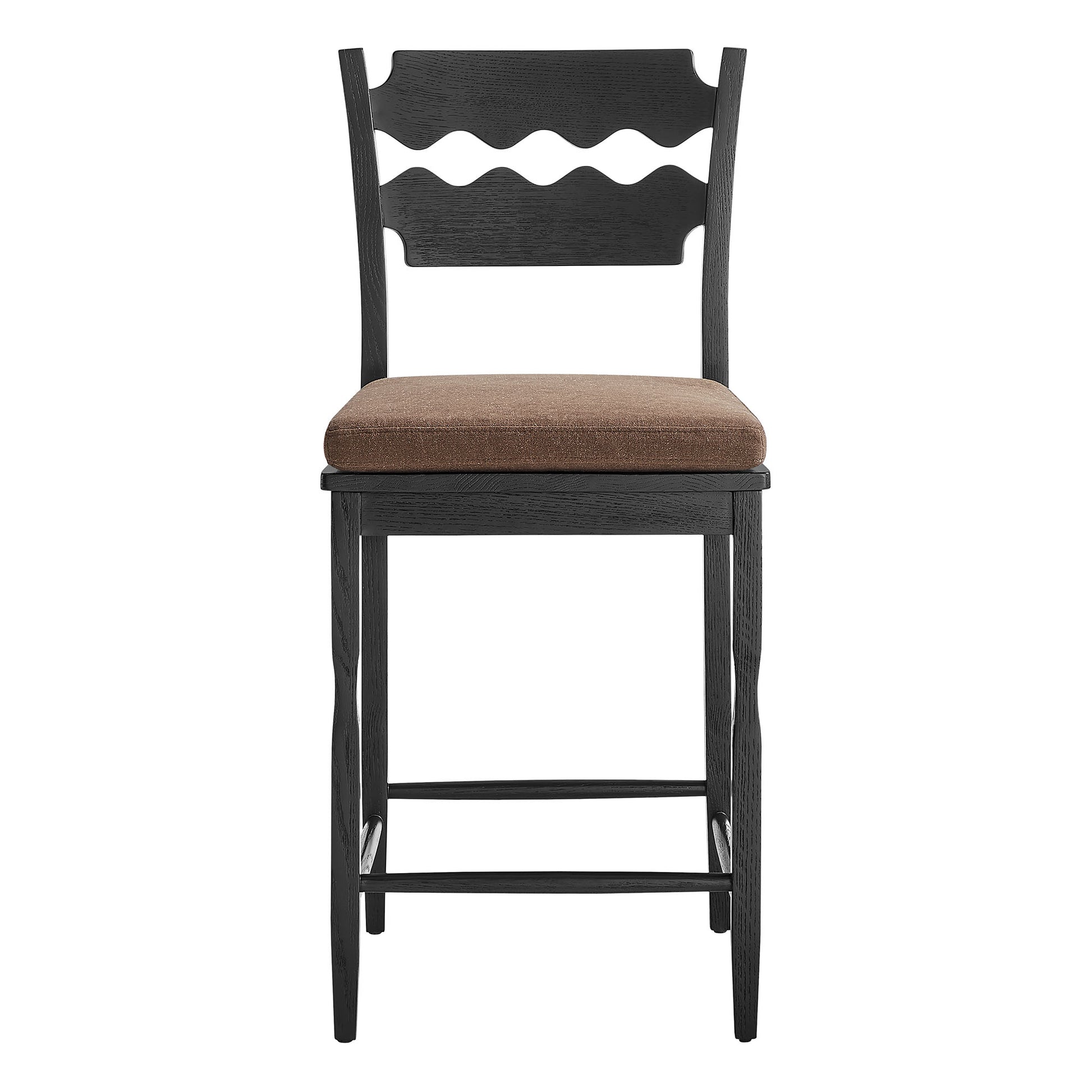 Jax Oak Wood Counter Stool With Wavy Razor Back and Cushion - Weathered Oak Linen