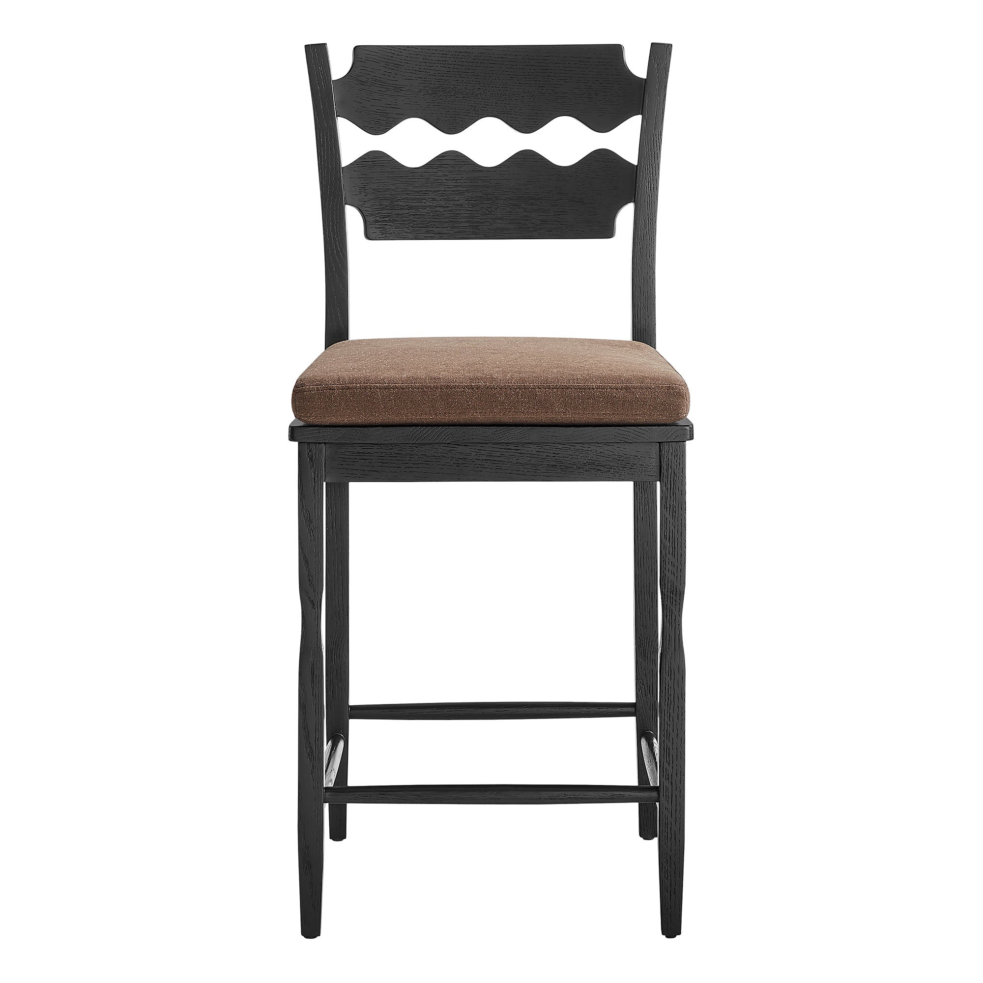 Jax Oak Wood Counter Stool With Wavy Razor Back and Cushion - Weathered Oak Linen