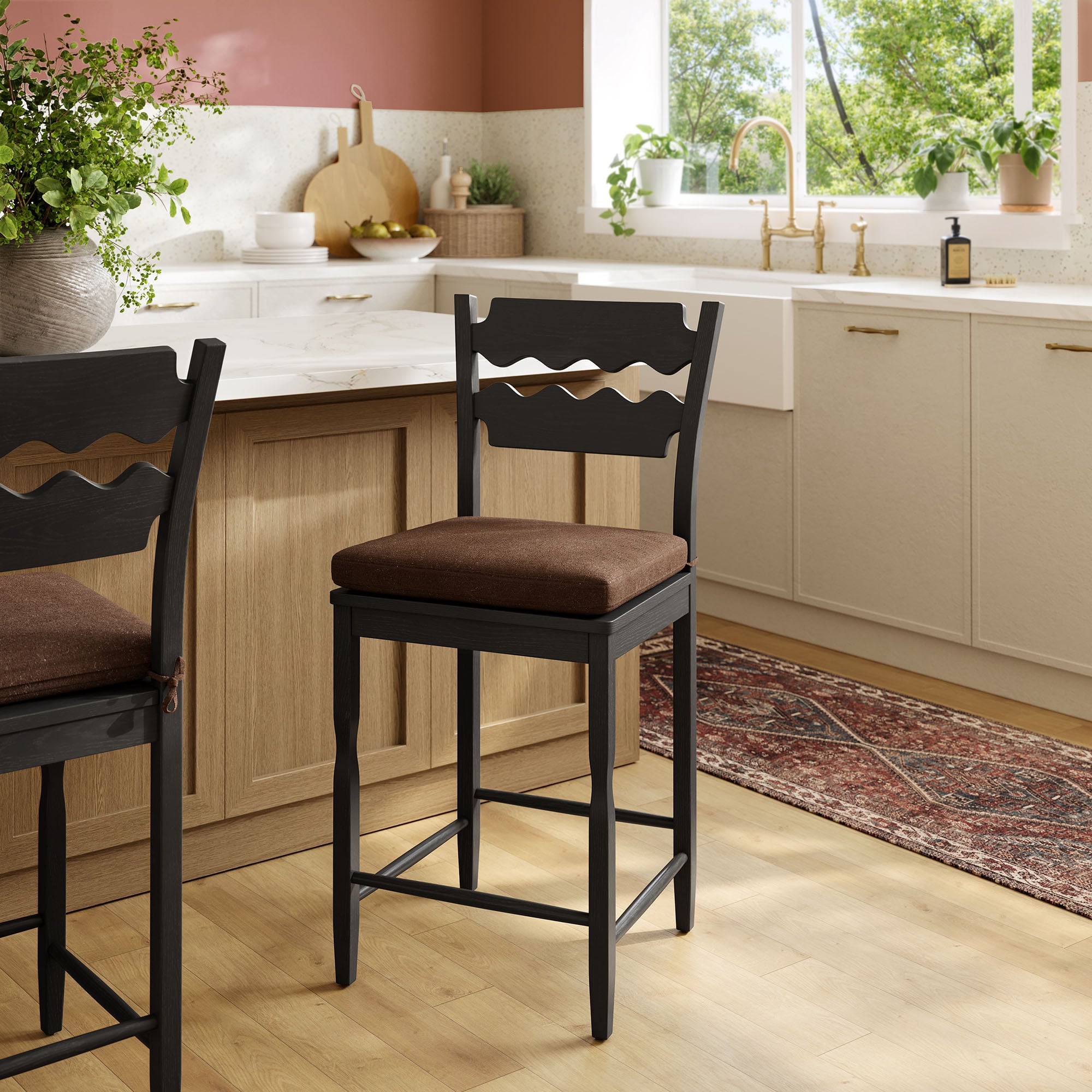 Jax Oak Wood Counter Stool With Wavy Razor Back and Cushion