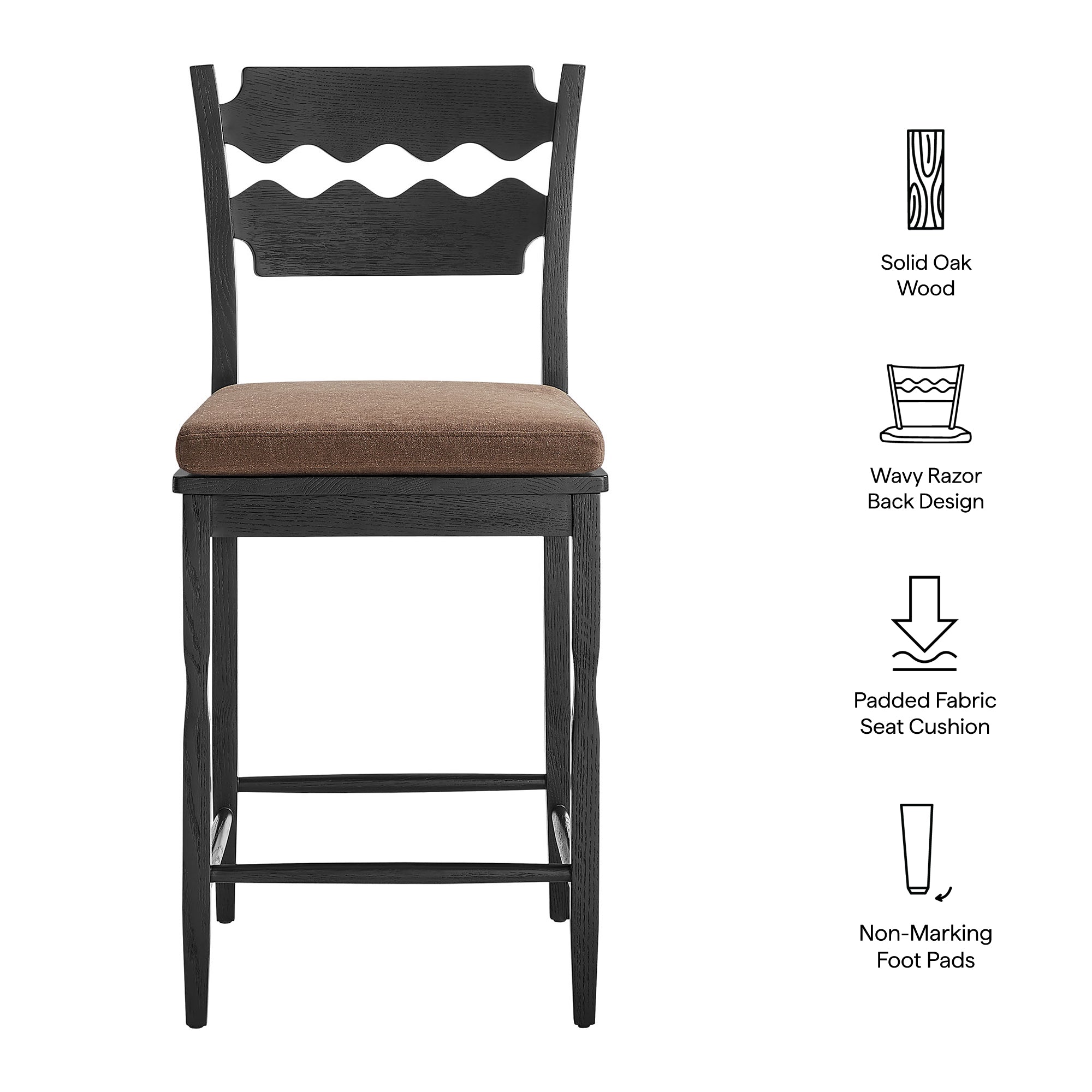 Jax Oak Wood Counter Stool With Wavy Razor Back and Cushion - Black Linen