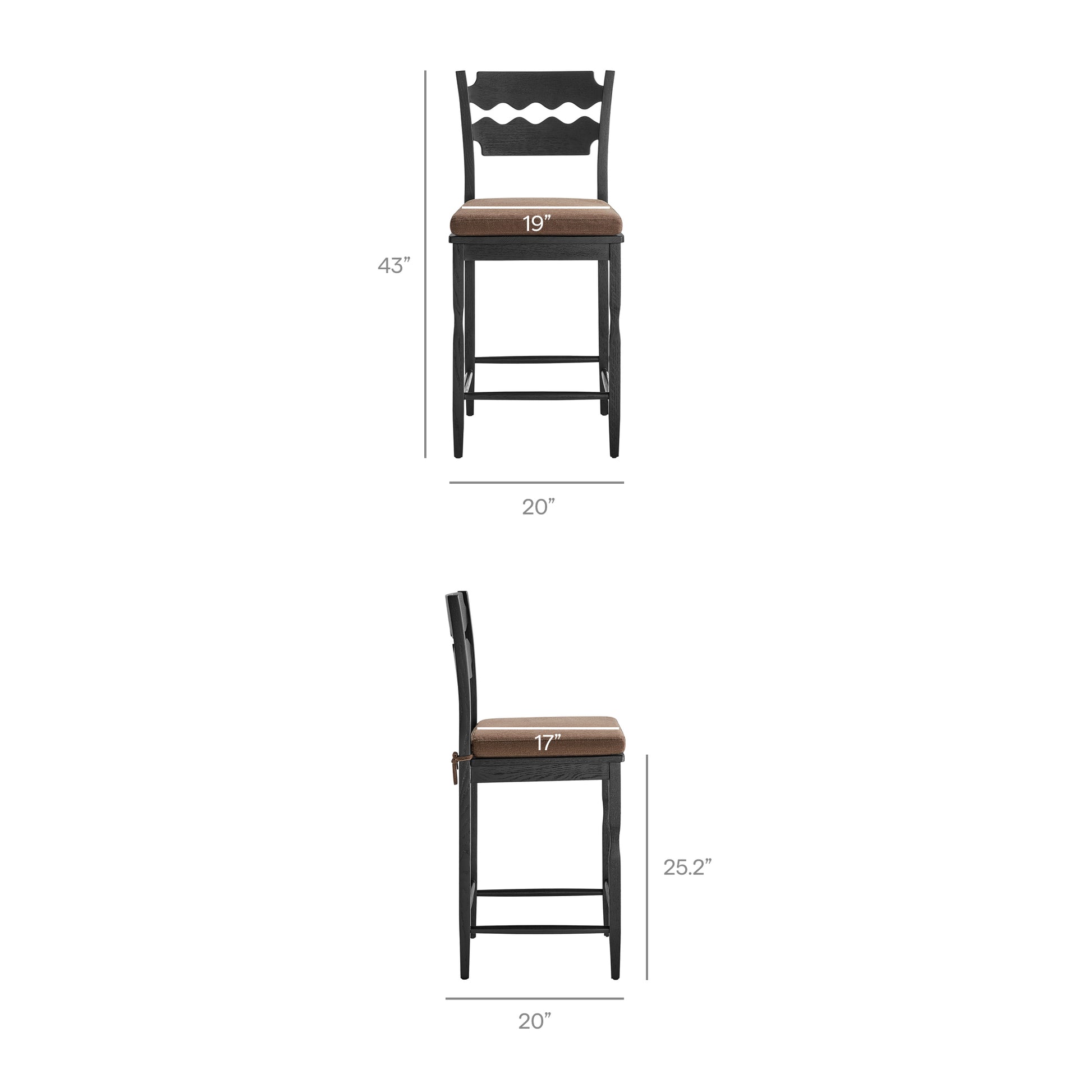 Jax Oak Wood Counter Stool With Wavy Razor Back and Cushion - Black Oatmeal Stripe