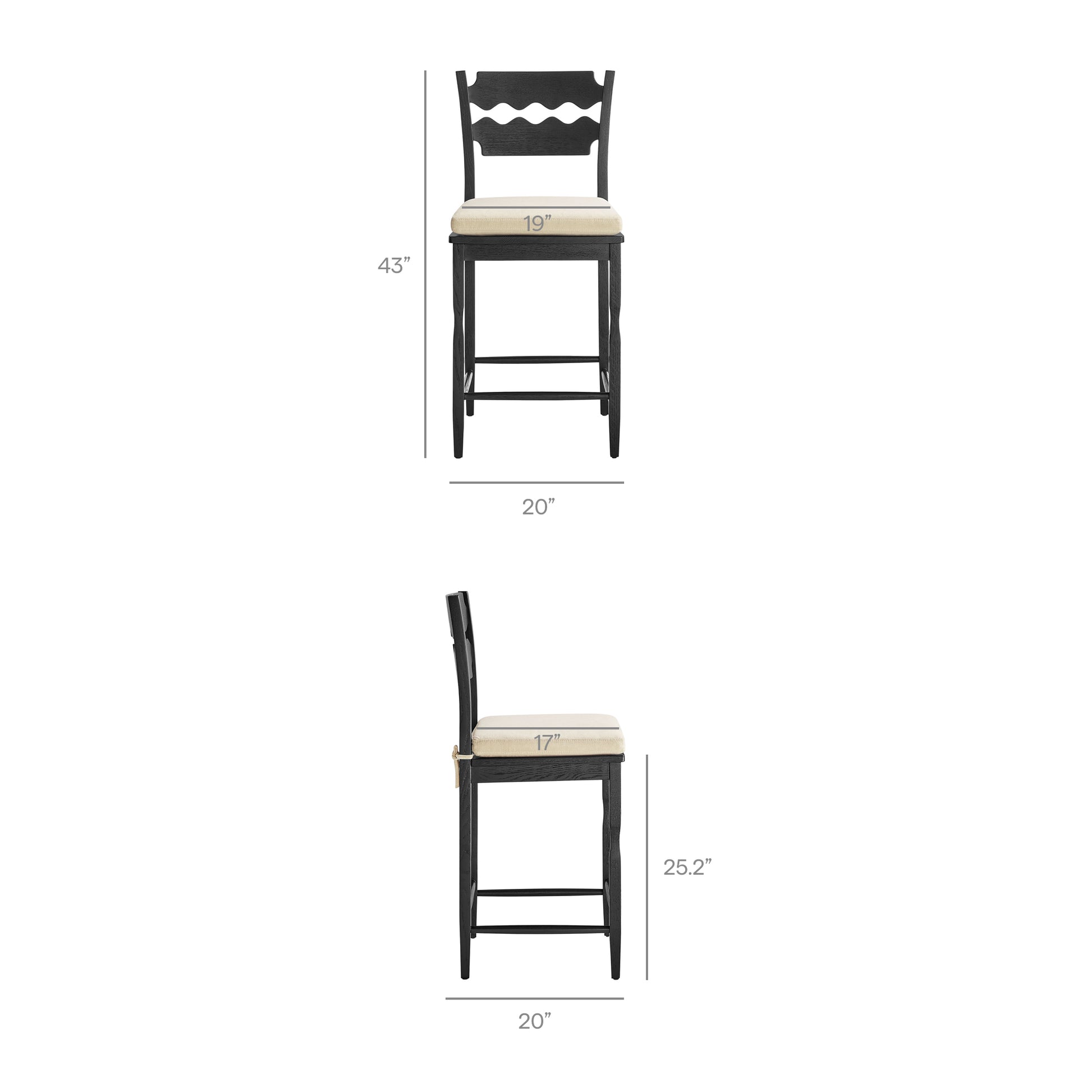 Jax Oak Wood Counter Stool With Wavy Razor Back and Cushion