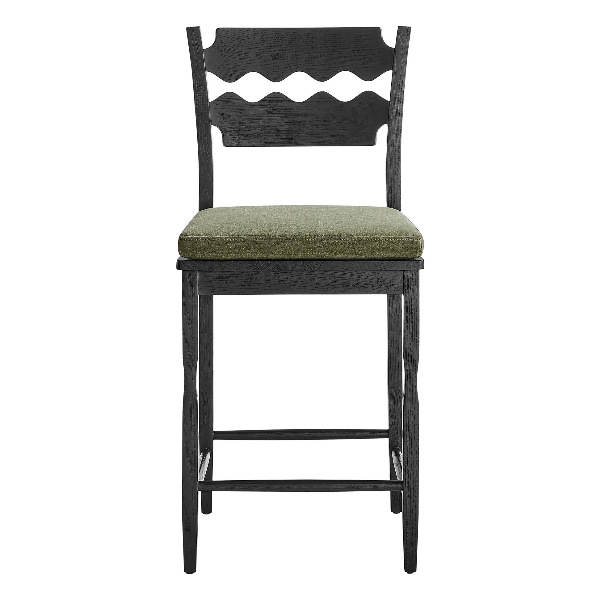 Jax Oak Wood Counter Stool With Wavy Razor Back and Cushion