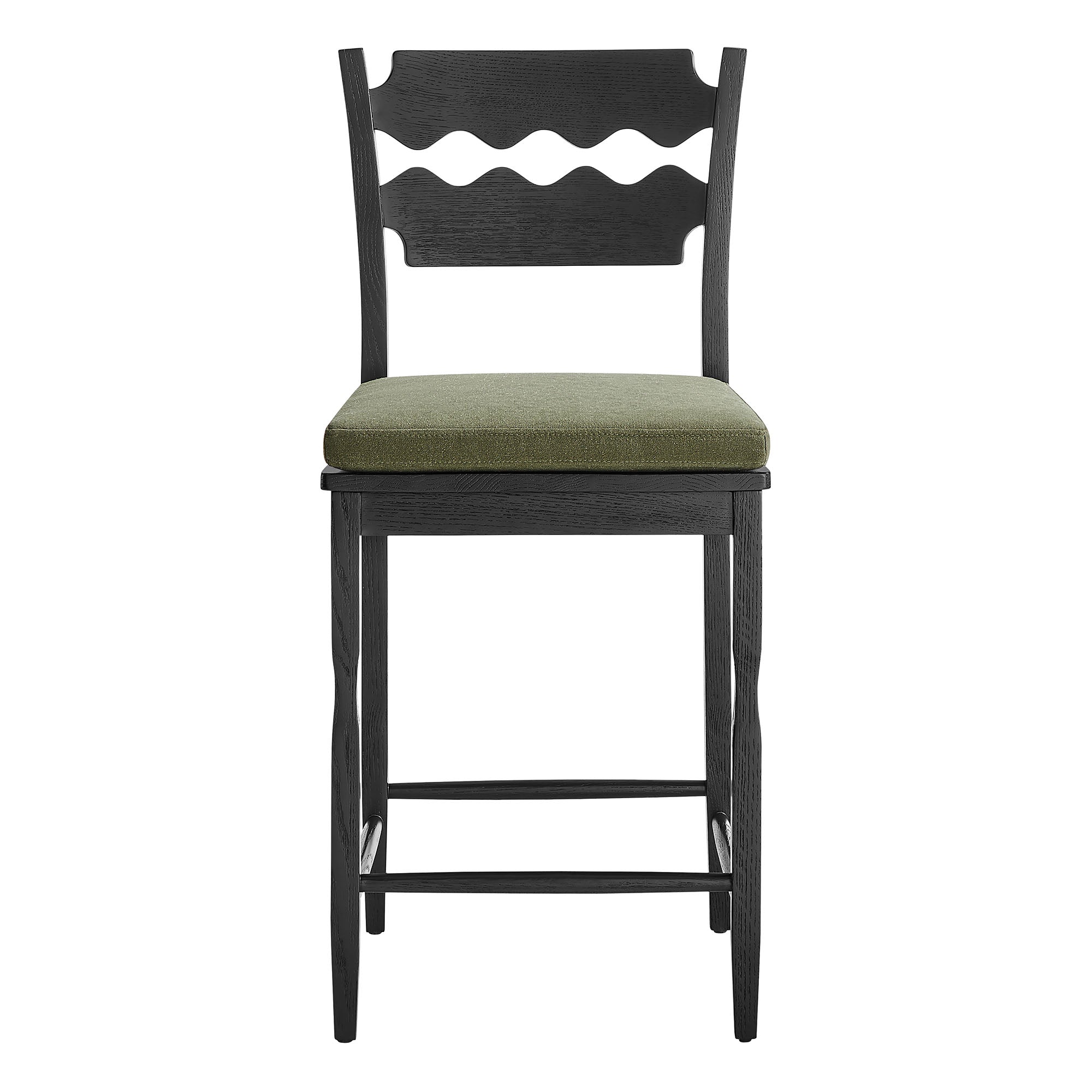 Jax Oak Wood Counter Stool With Wavy Razor Back and Cushion