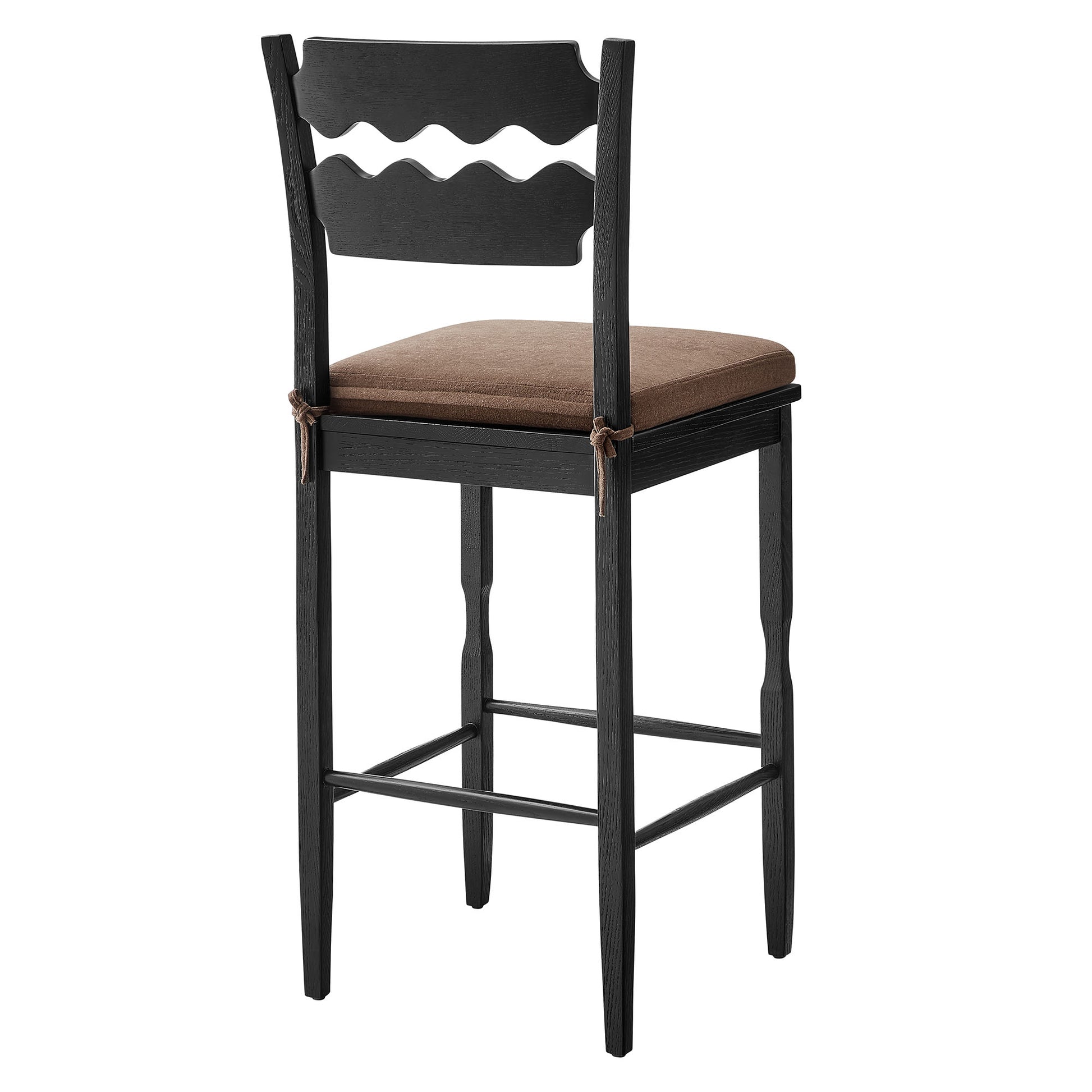 Jax Oak Wood Bar Stool With Wavy Razor Back and Cushion - Weathered Oak Cocoa
