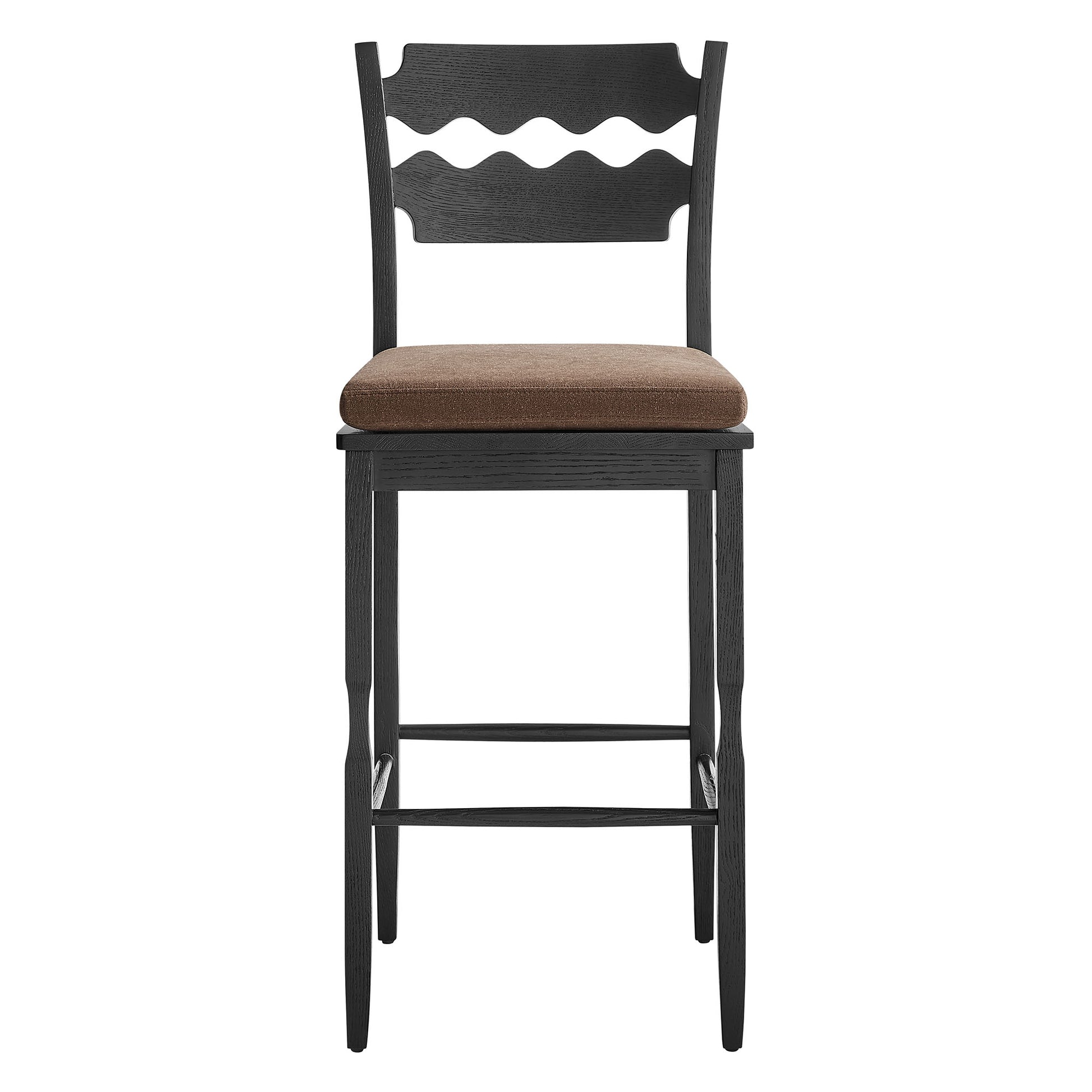 Jax Oak Wood Bar Stool With Wavy Razor Back and Cushion - Weathered Oak Linen