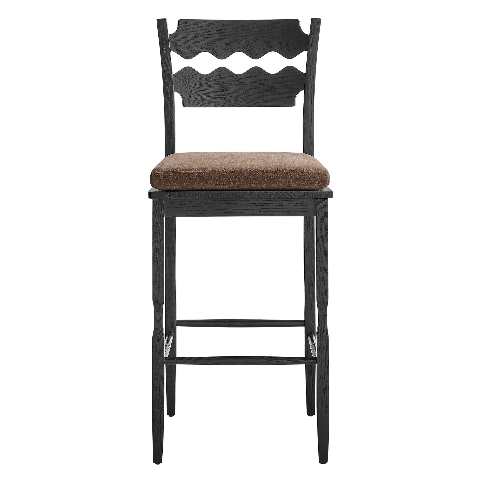 Jax Oak Wood Bar Stool With Wavy Razor Back and Cushion - Weathered Oak Linen