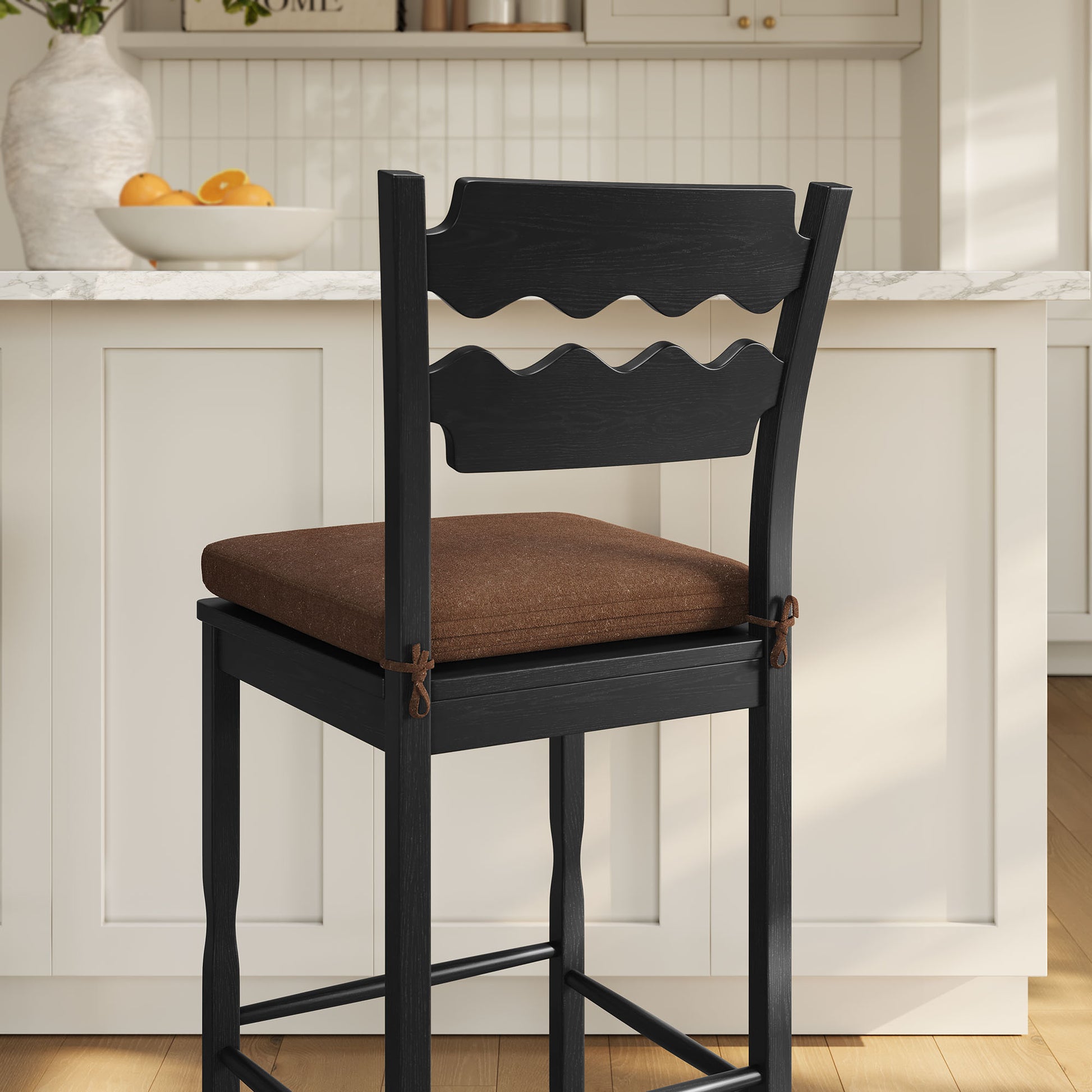 Jax Oak Wood Bar Stool With Wavy Razor Back and Cushion