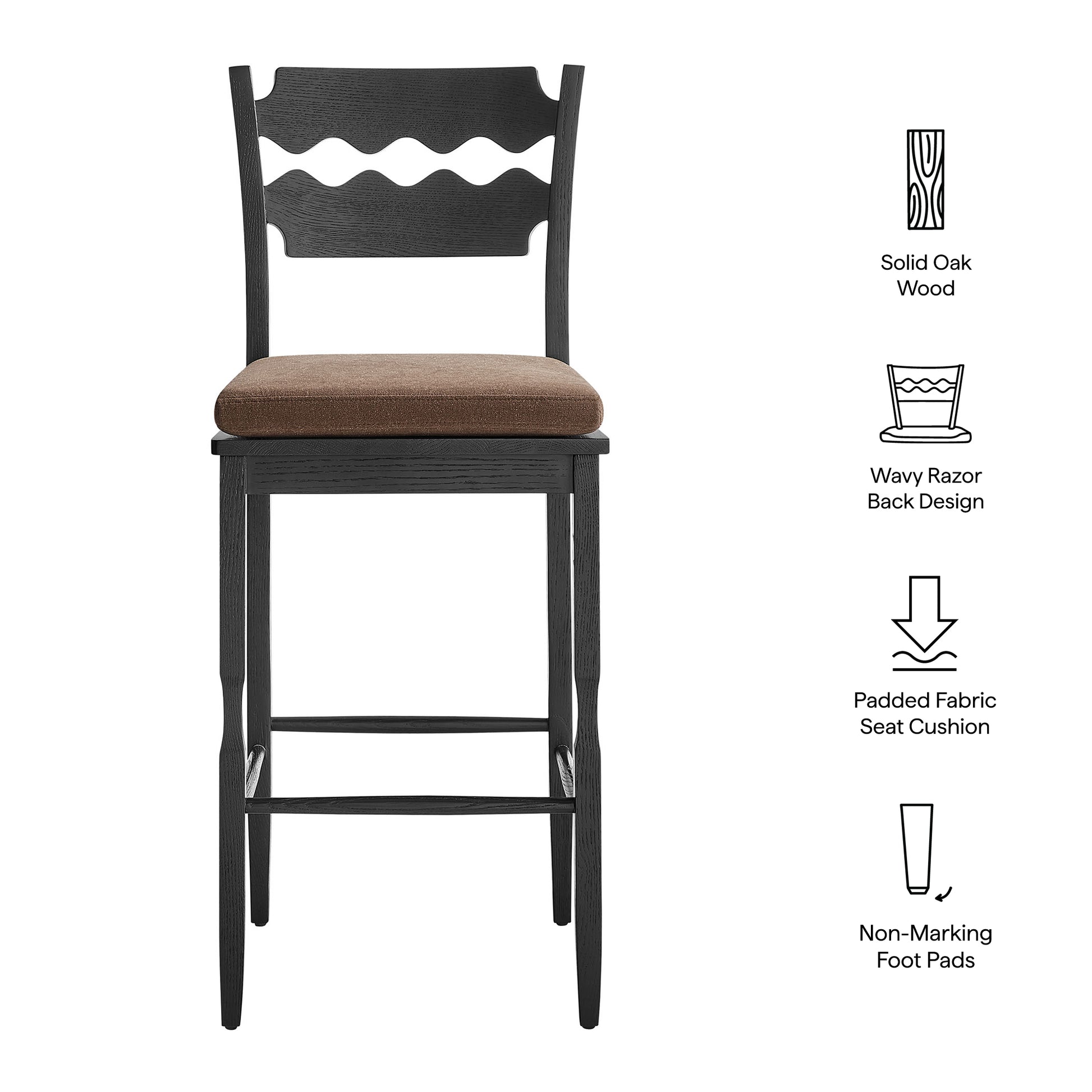 Jax Oak Wood Bar Stool With Wavy Razor Back and Cushion - Black Linen