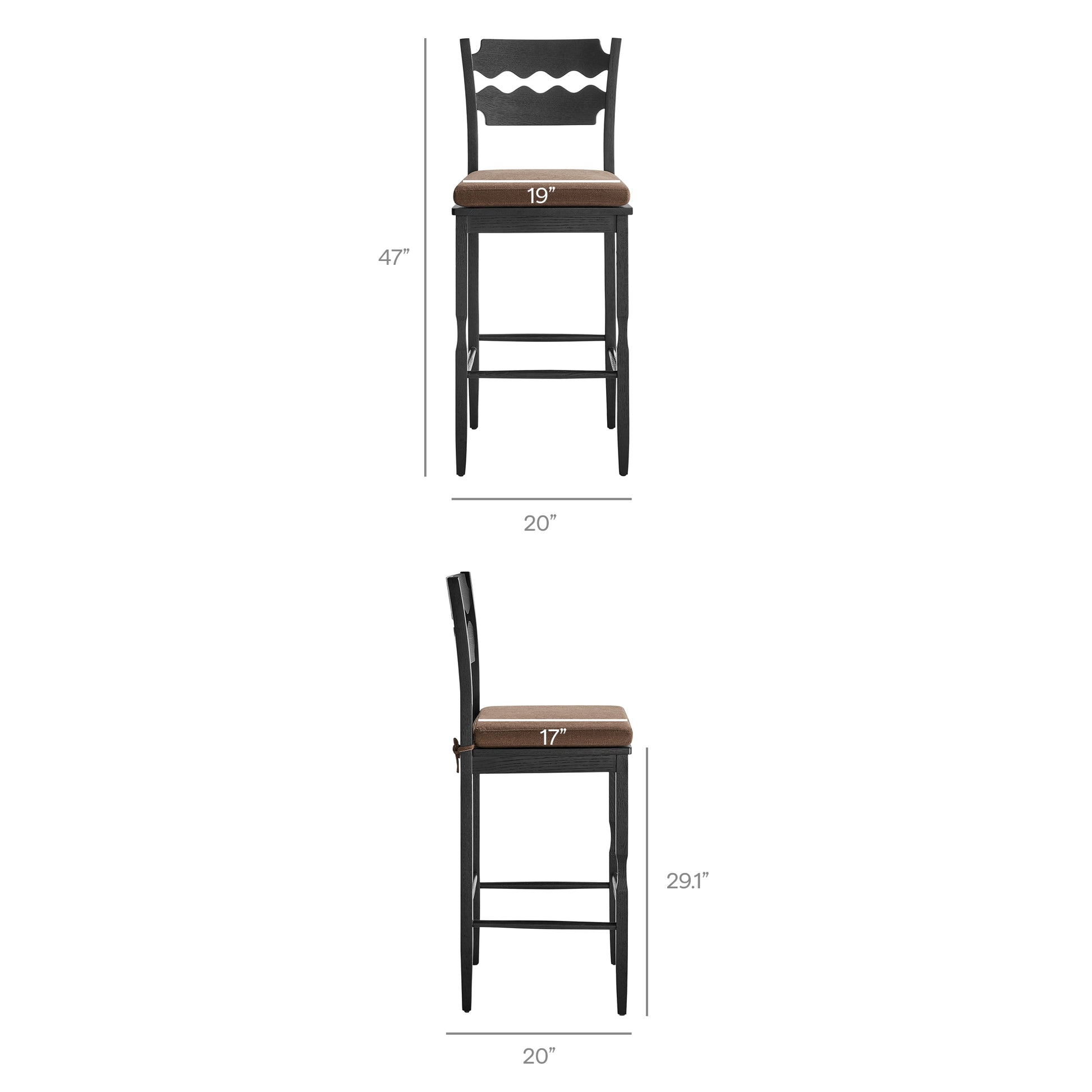 Jax Oak Wood Bar Stool With Wavy Razor Back and Cushion - Black Oatmeal Stripe