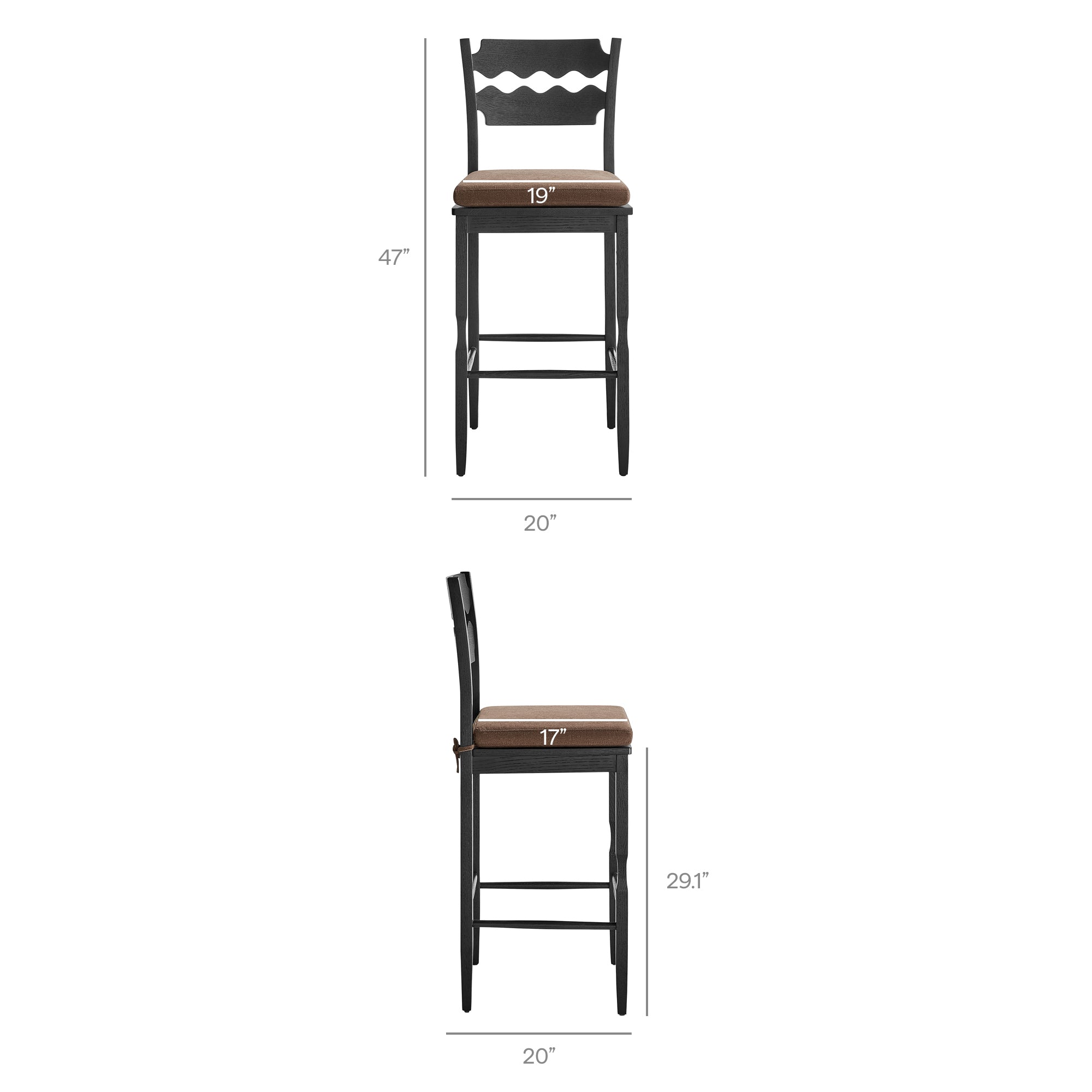 Jax Oak Wood Bar Stool With Wavy Razor Back and Cushion - Black Oatmeal Stripe