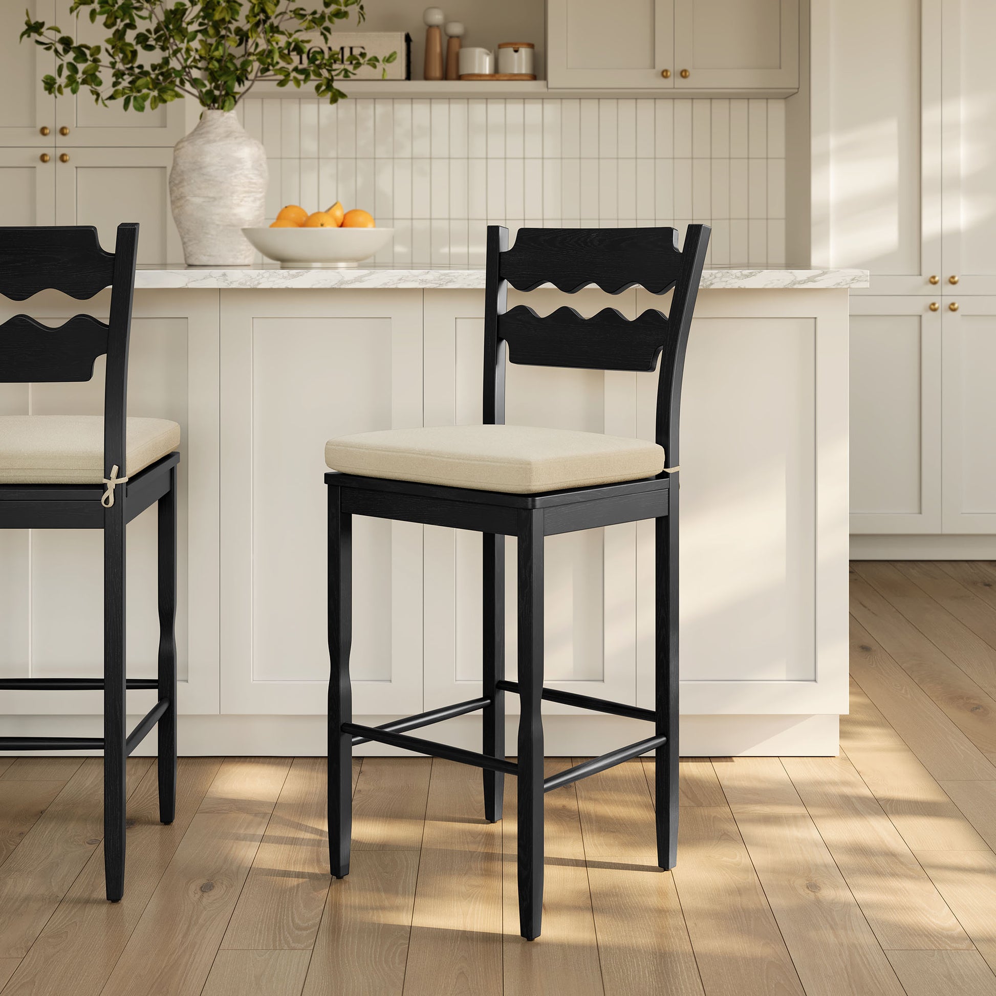 Jax Oak Wood Bar Stool With Wavy Razor Back and Cushion