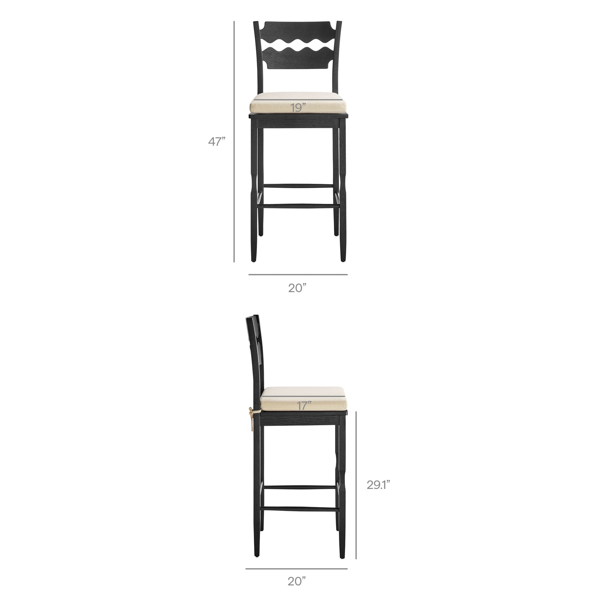 Jax Oak Wood Bar Stool With Wavy Razor Back and Cushion