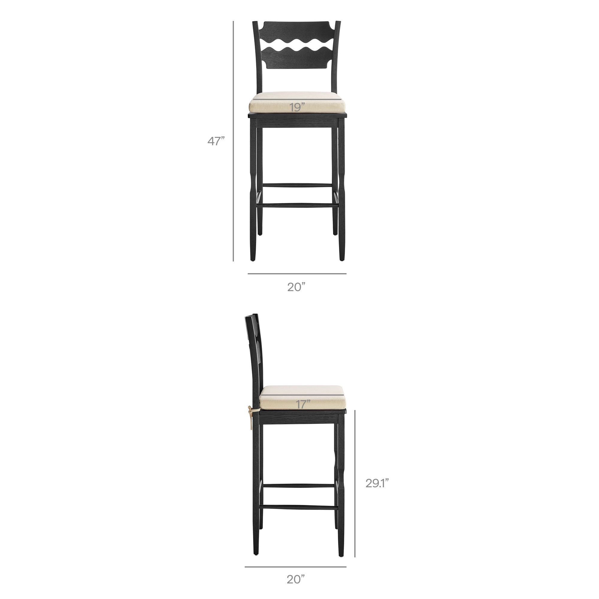 Jax Oak Wood Bar Stool With Wavy Razor Back and Cushion