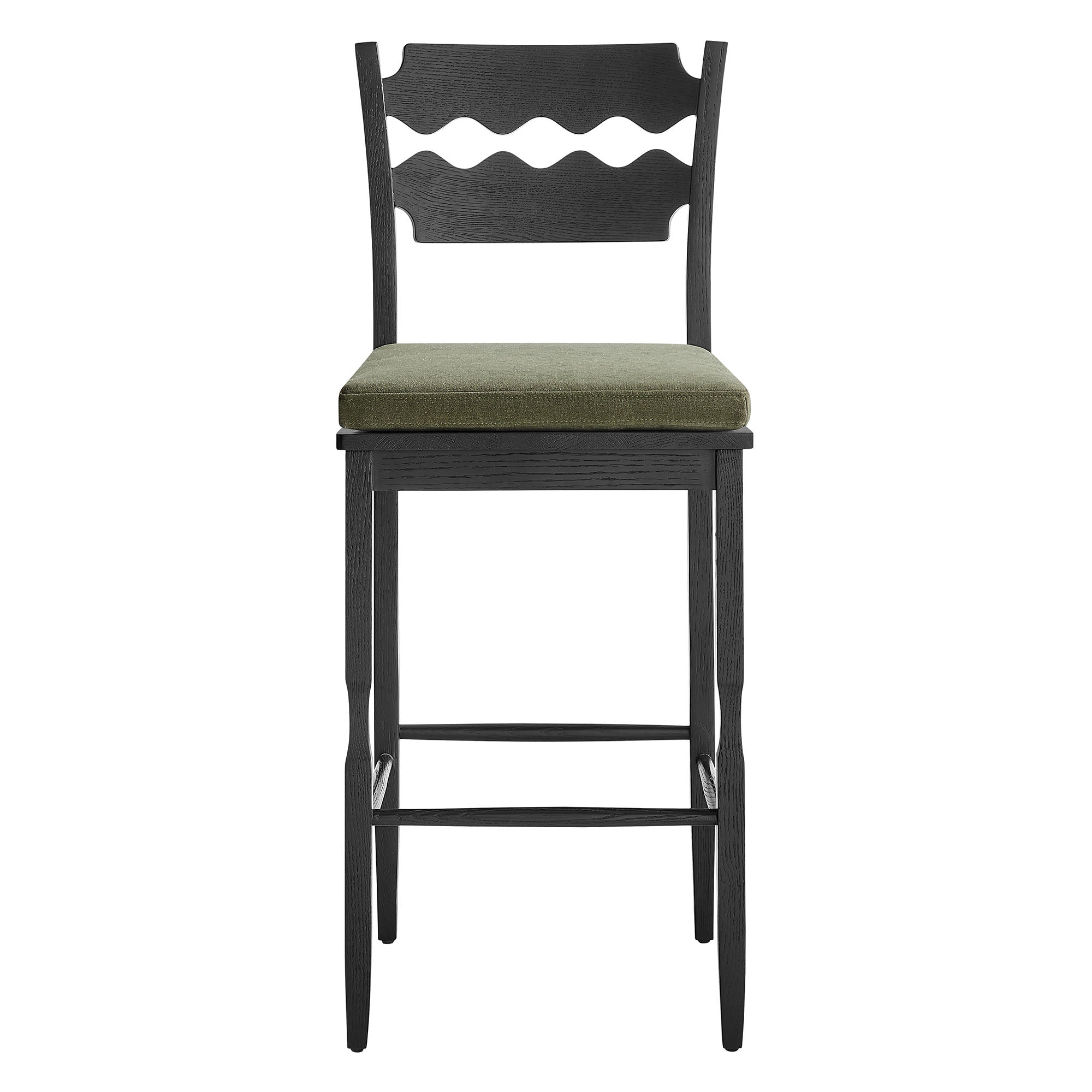 Jax Oak Wood Bar Stool With Wavy Razor Back and Cushion