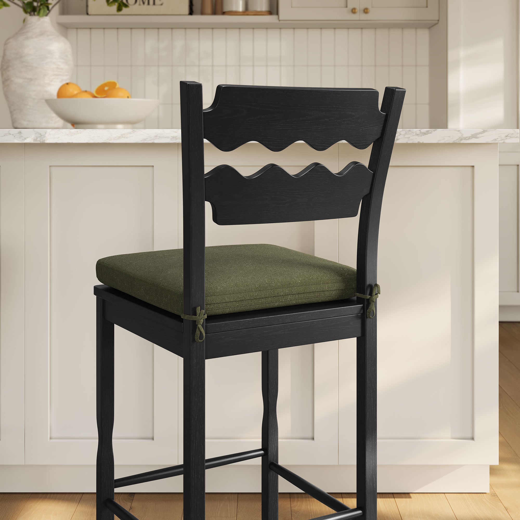 Jax Oak Wood Bar Stool With Wavy Razor Back and Cushion