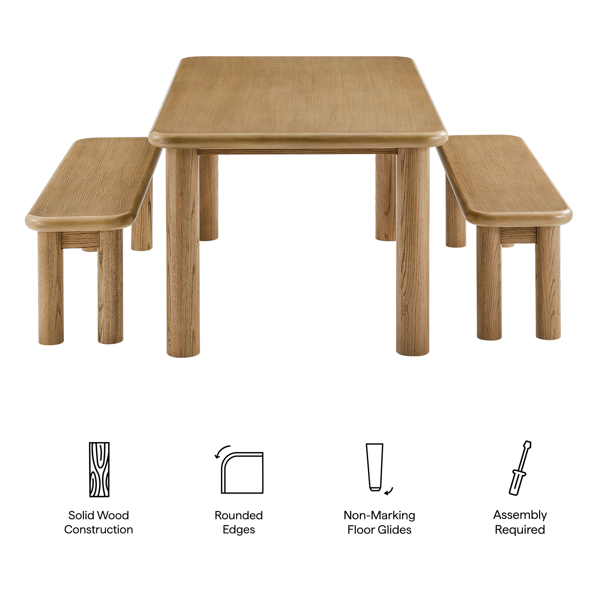 Alvia 3-Piece Oak Wood Dining Table and Benches Set by Modway