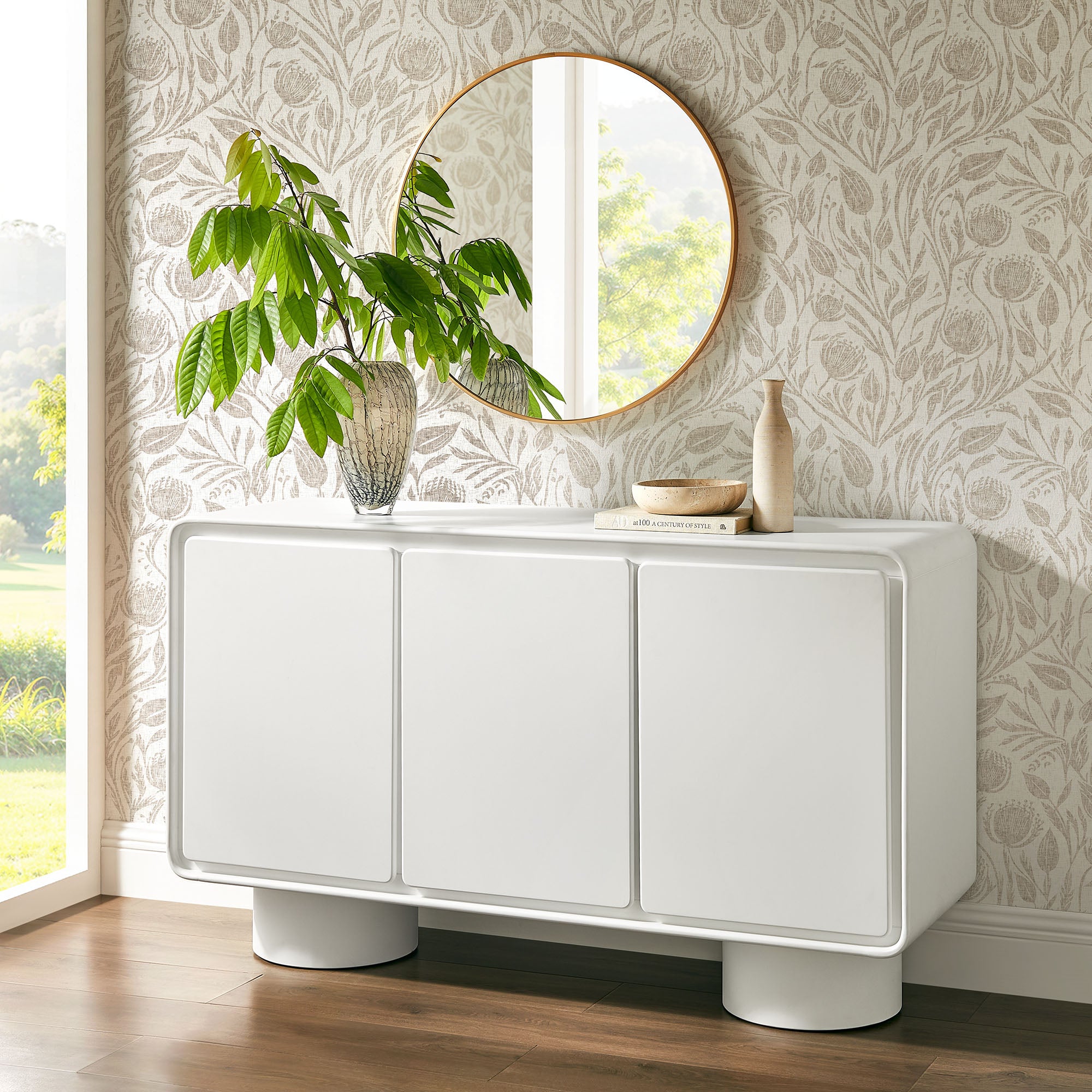 Lumo 3-Door Curved Wood Accent Cabinet