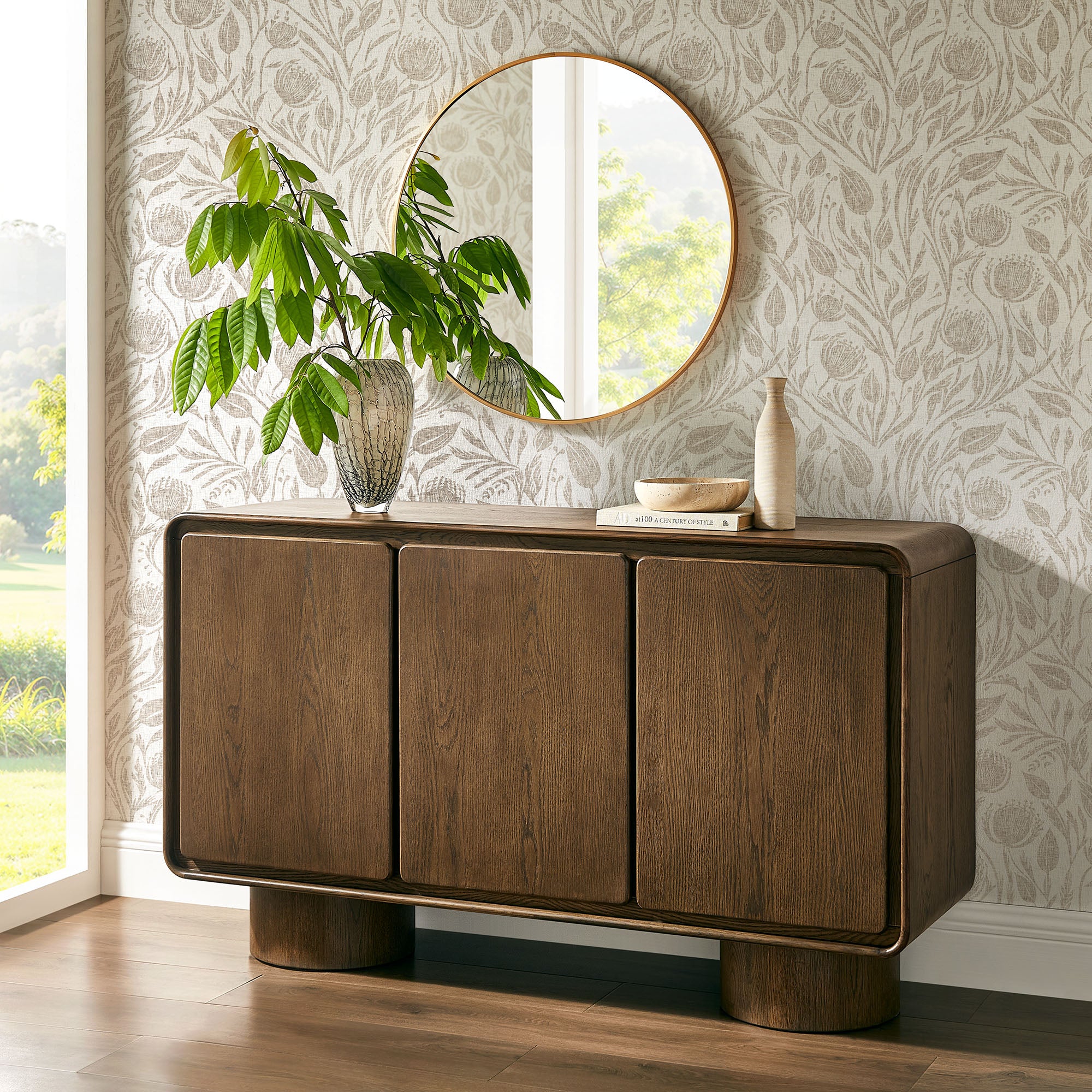 Lumo 3-Door Curved Wood Accent Cabinet