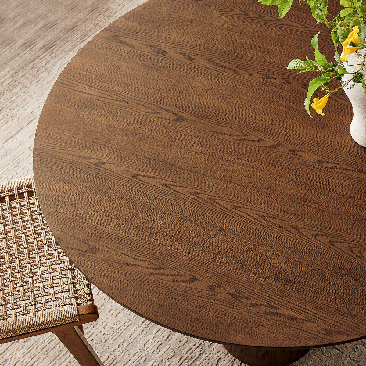 Renwick 47 Inch Oak Veneer Round Pedestal Dining Table - Walnut