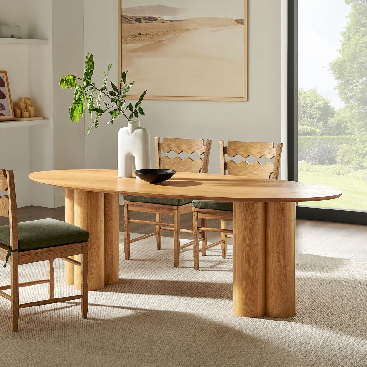Renwick 79 Inch Oak Veneer Oval Pedestal Dining Table - Oak