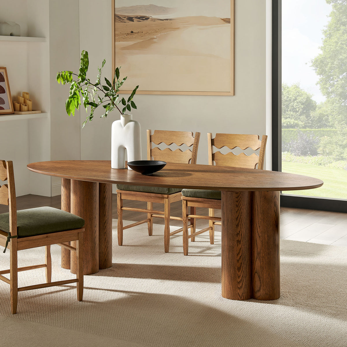 Renwick 79 Inch Oak Veneer Oval Pedestal Dining Table - Walnut